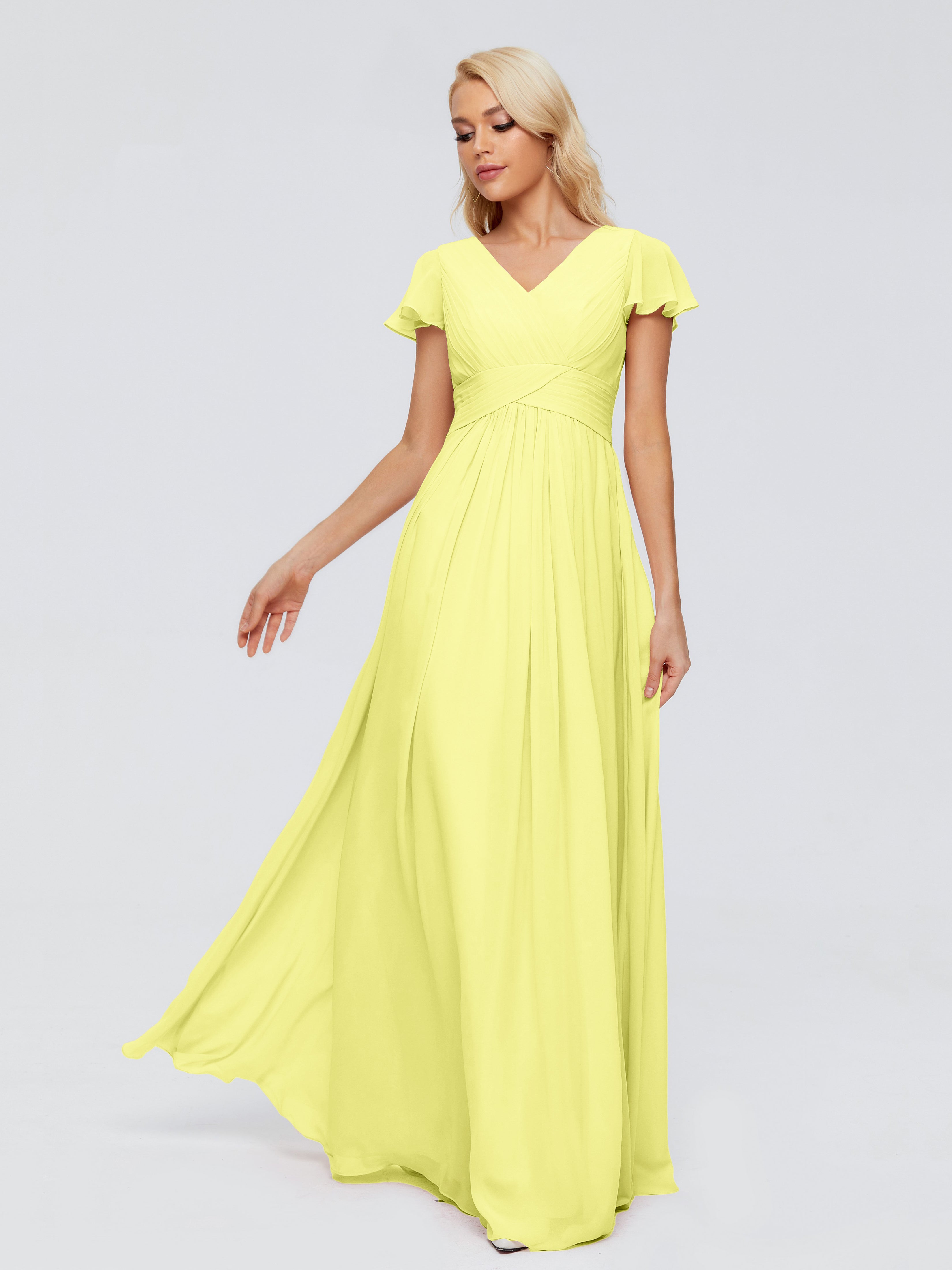 Robes De Demoiselle D'Honneur Jonquille Trapèze Col V Mousseline Robes Demoiselle D'Honneur