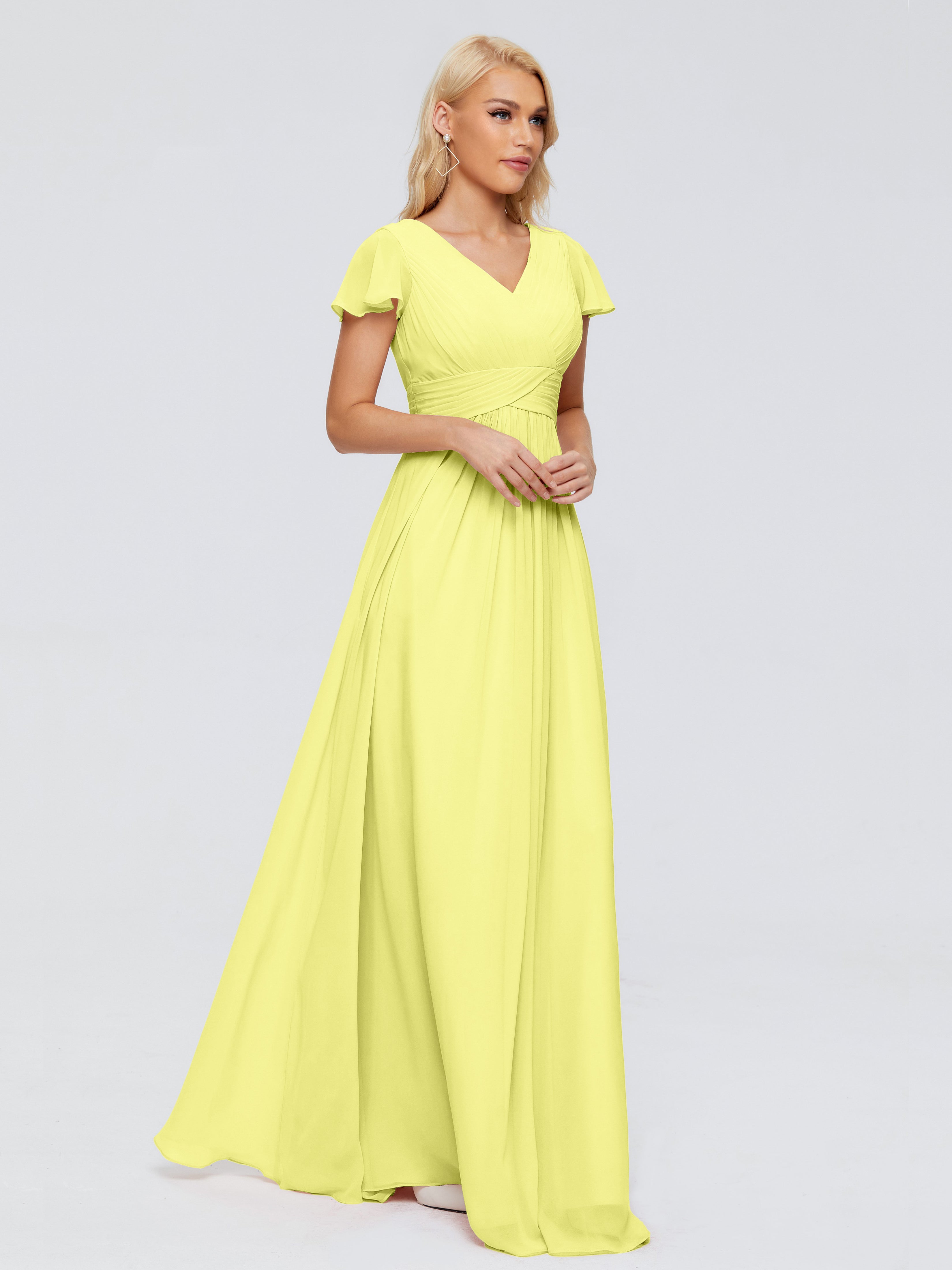 Robes De Demoiselle D'Honneur Jonquille Trapèze Col V Mousseline Robes Demoiselle D'Honneur