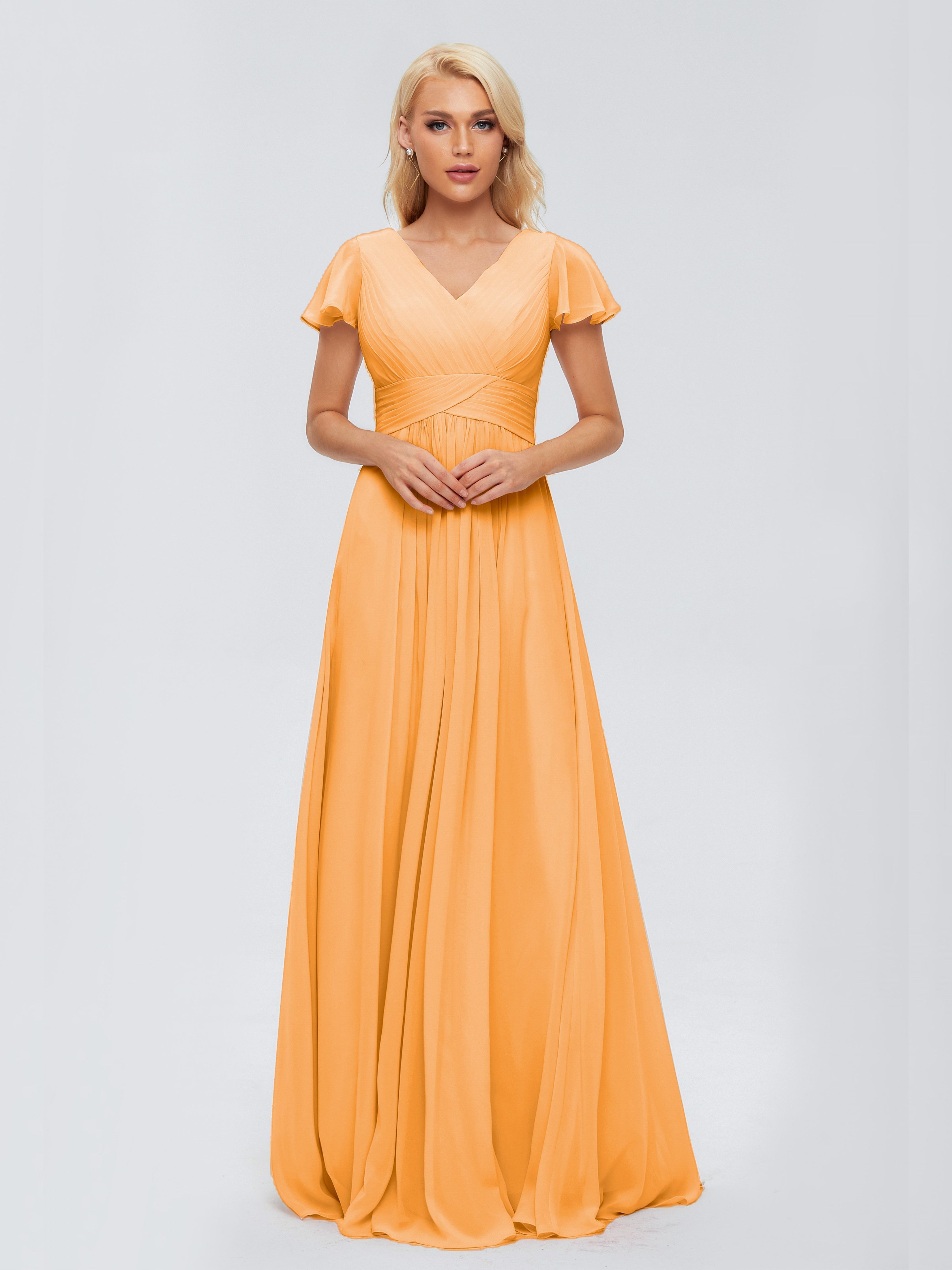 Robes De Demoiselle D'Honneur Mandarine Trapèze Col V Mousseline Robes Demoiselle D'Honneur