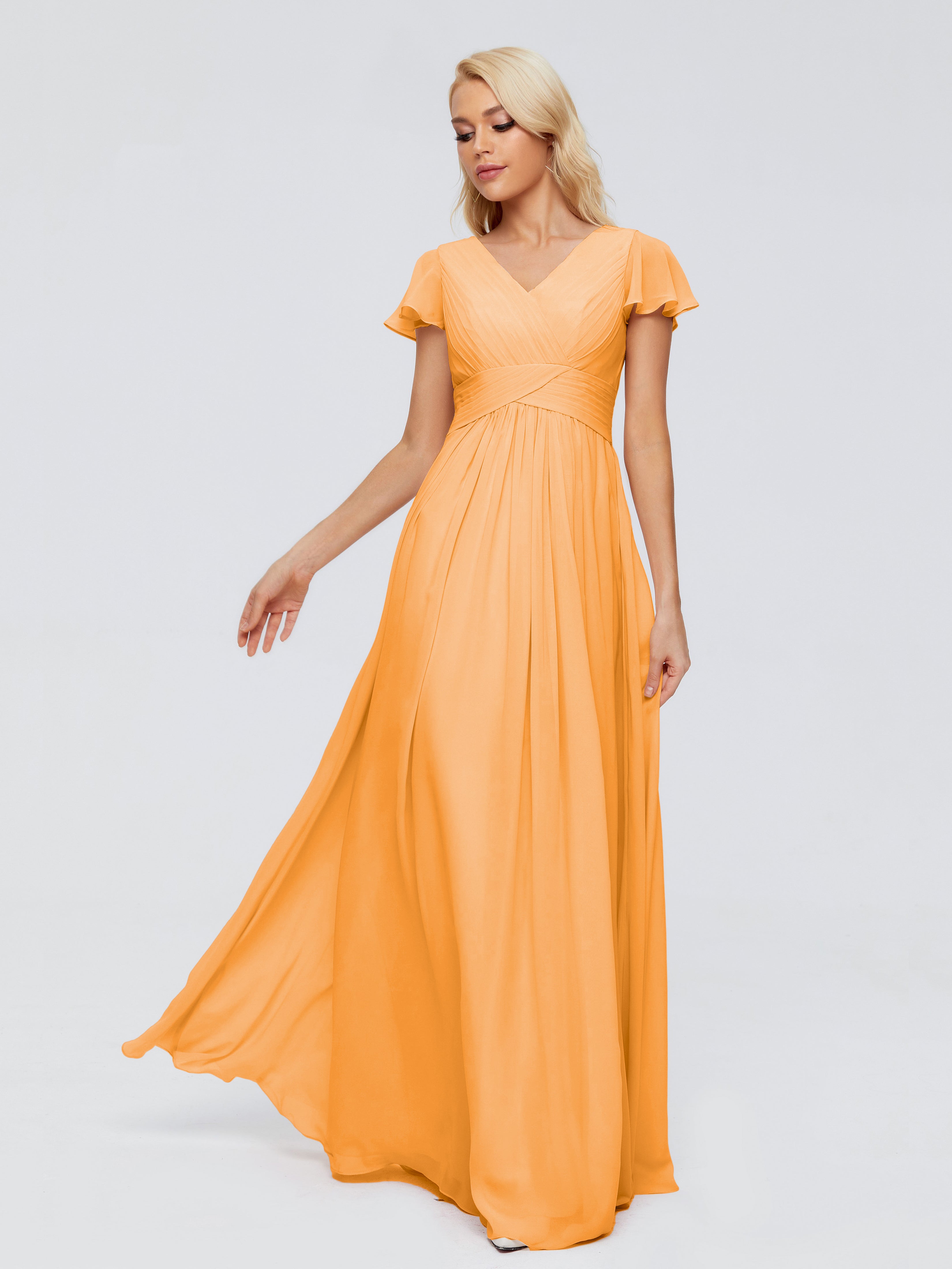 Robes De Demoiselle D'Honneur Mandarine Trapèze Col V Mousseline Robes Demoiselle D'Honneur