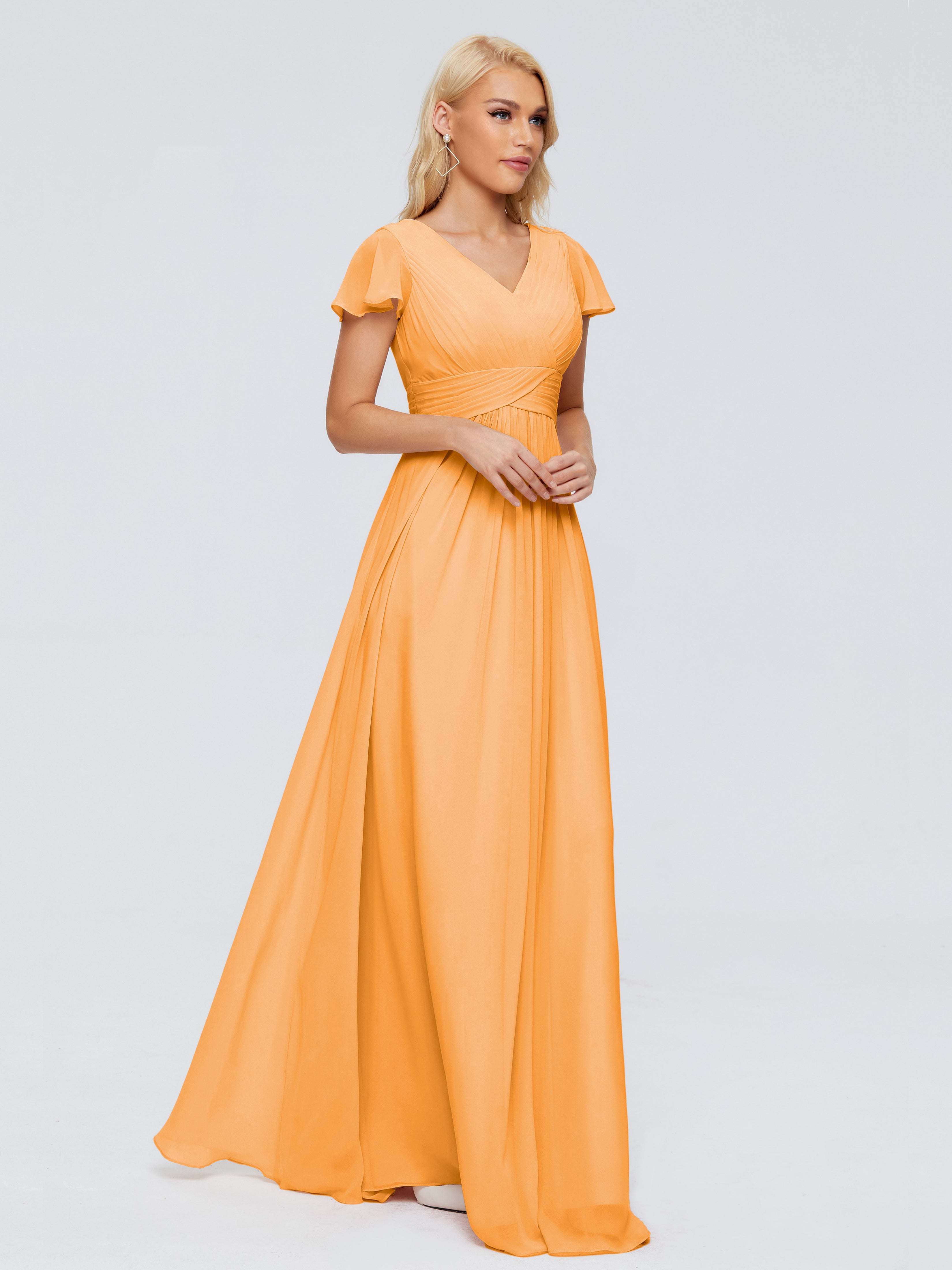 Robes De Demoiselle D'Honneur Mandarine Trapèze Col V Mousseline Robes Demoiselle D'Honneur