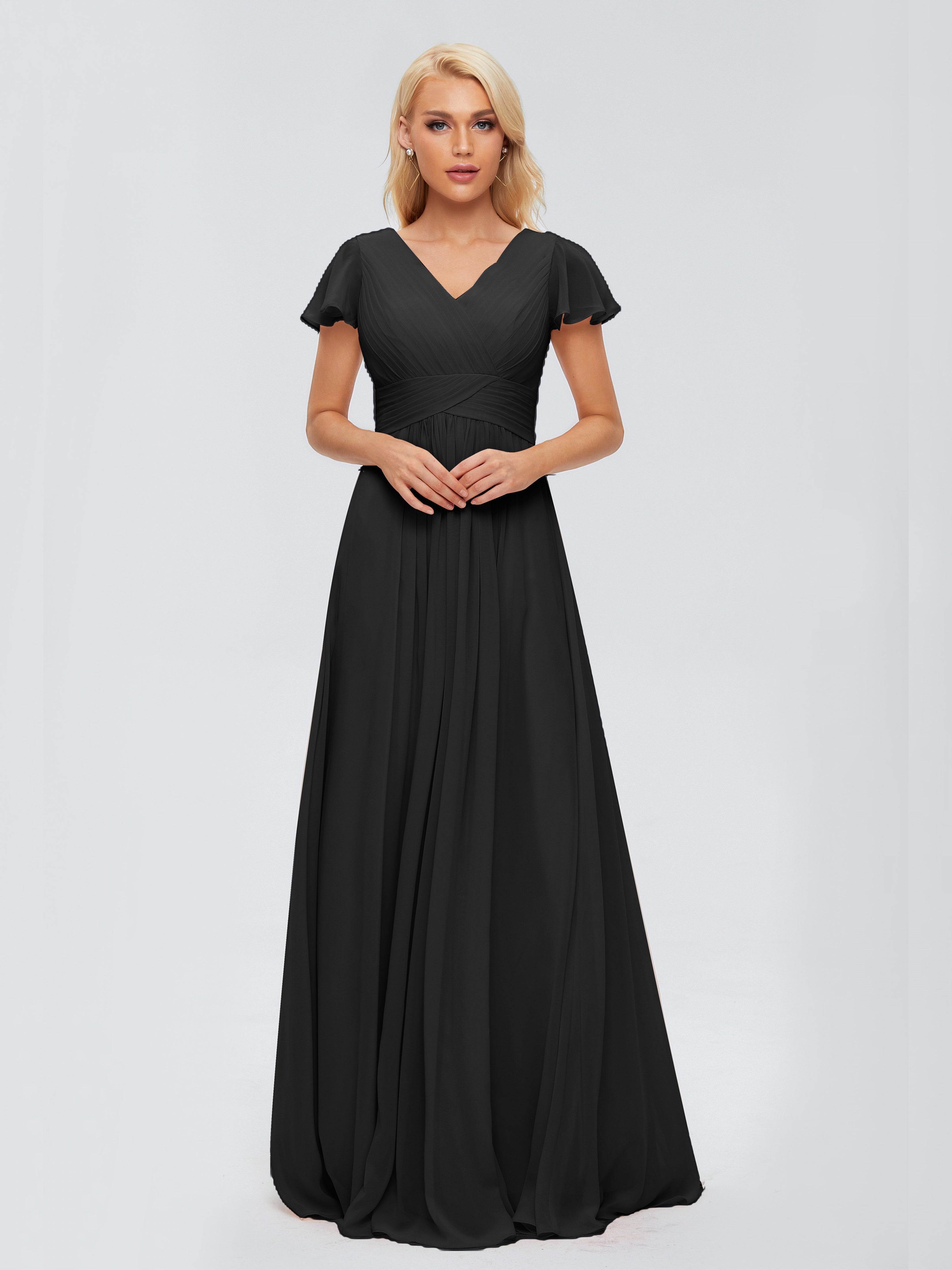 Robe Demoiselle D Honneur Noire Trapèze Col V Mousseline Robes Demoiselle D'Honneur