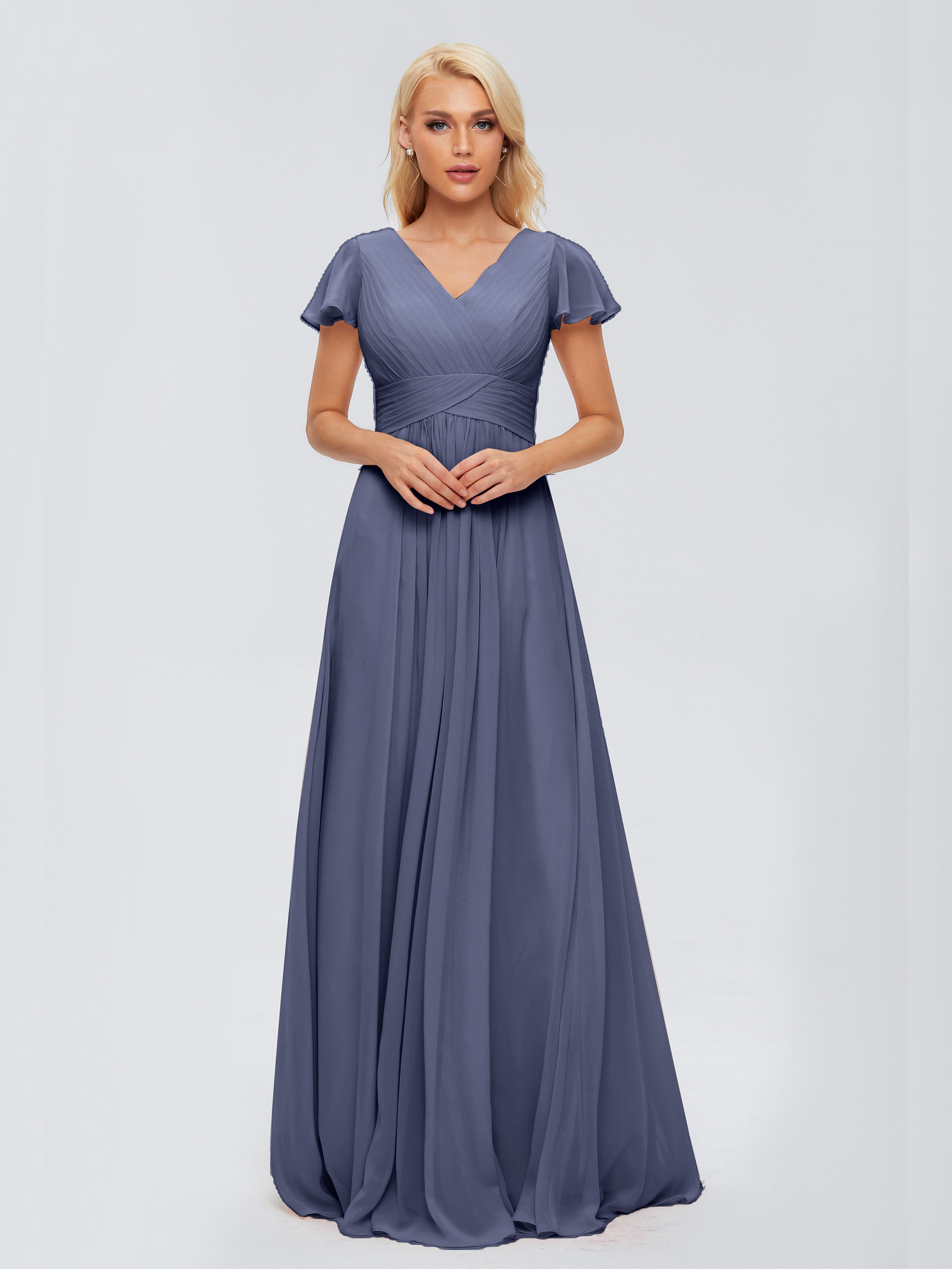 Robes De Demoiselle D'Honneur Bleu Orageux Trapèze Col V Mousseline Robes Demoiselle D'Honneur