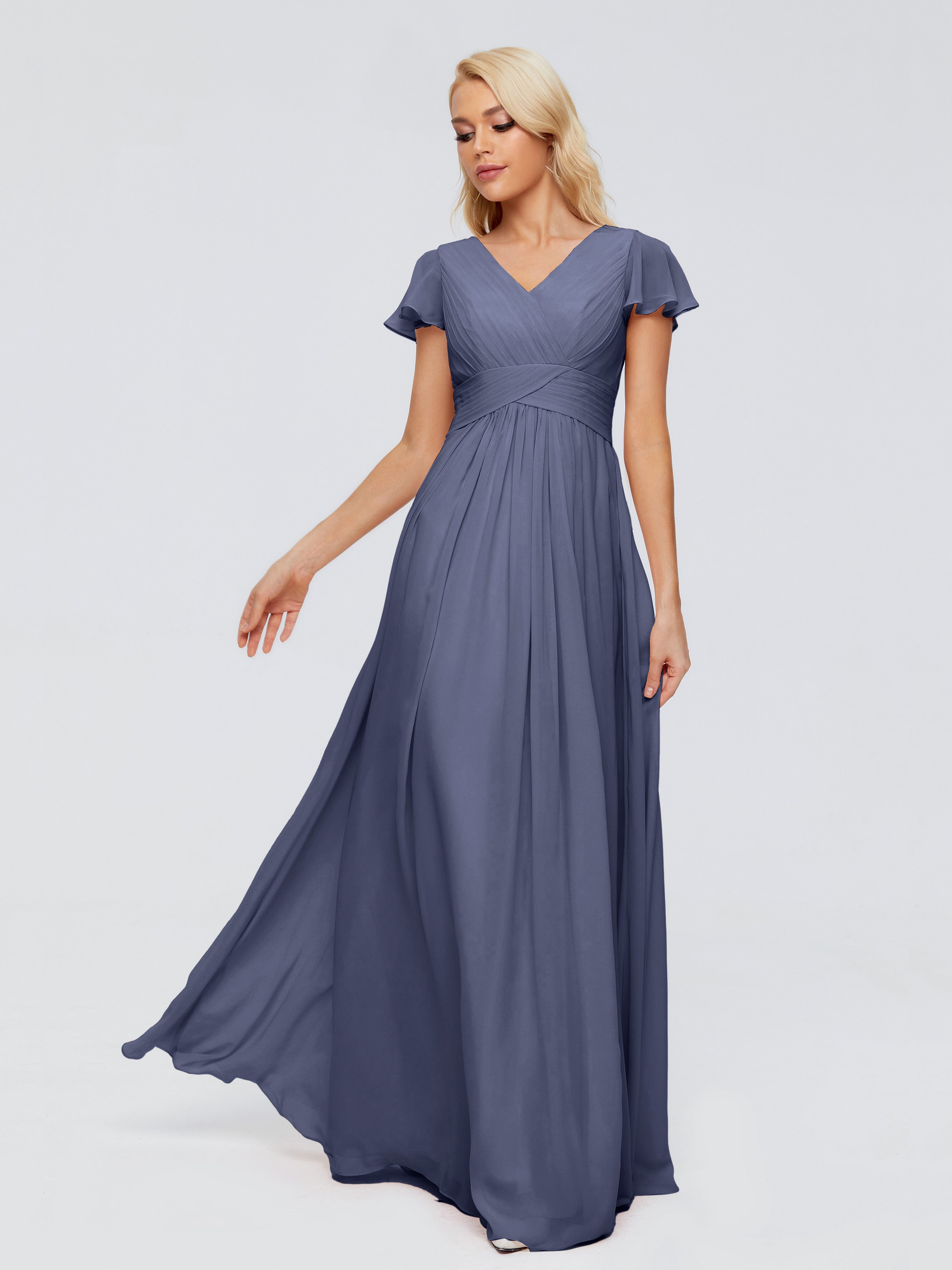 Robes De Demoiselle D'Honneur Bleu Orageux Trapèze Col V Mousseline Robes Demoiselle D'Honneur