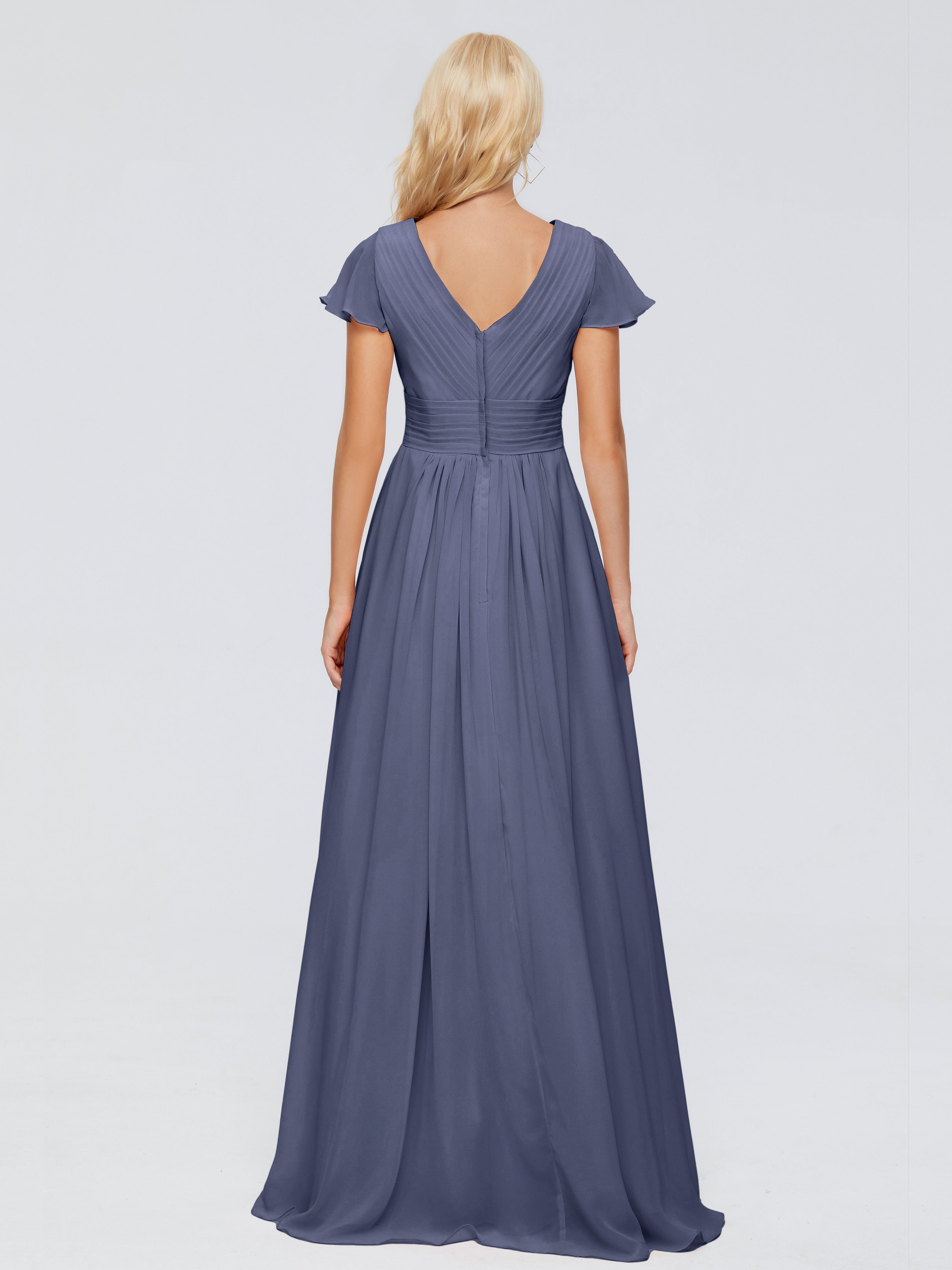 Robes De Demoiselle D'Honneur Bleu Orageux Trapèze Col V Mousseline Robes Demoiselle D'Honneur