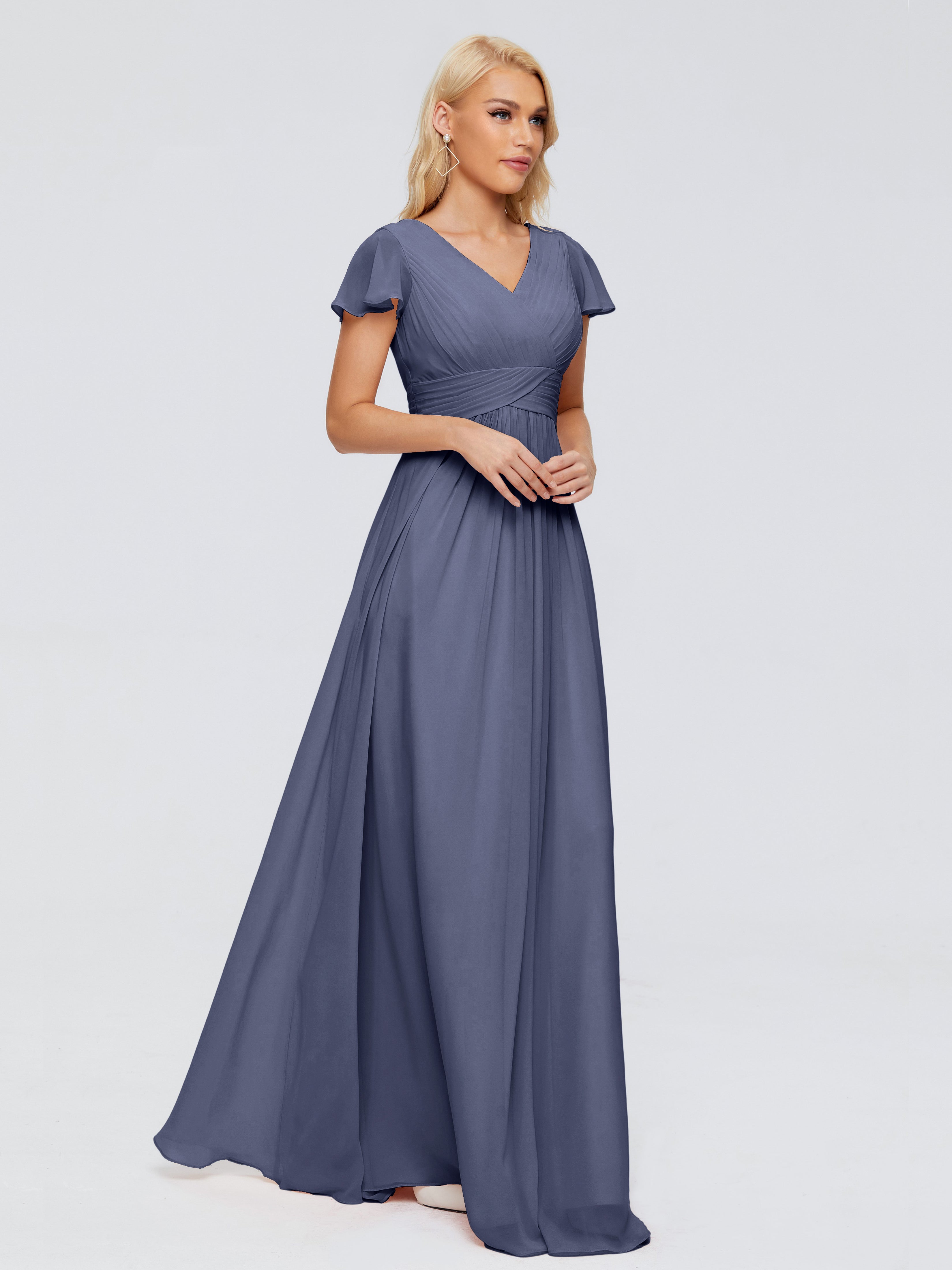 Robes De Demoiselle D'Honneur Bleu Orageux Trapèze Col V Mousseline Robes Demoiselle D'Honneur
