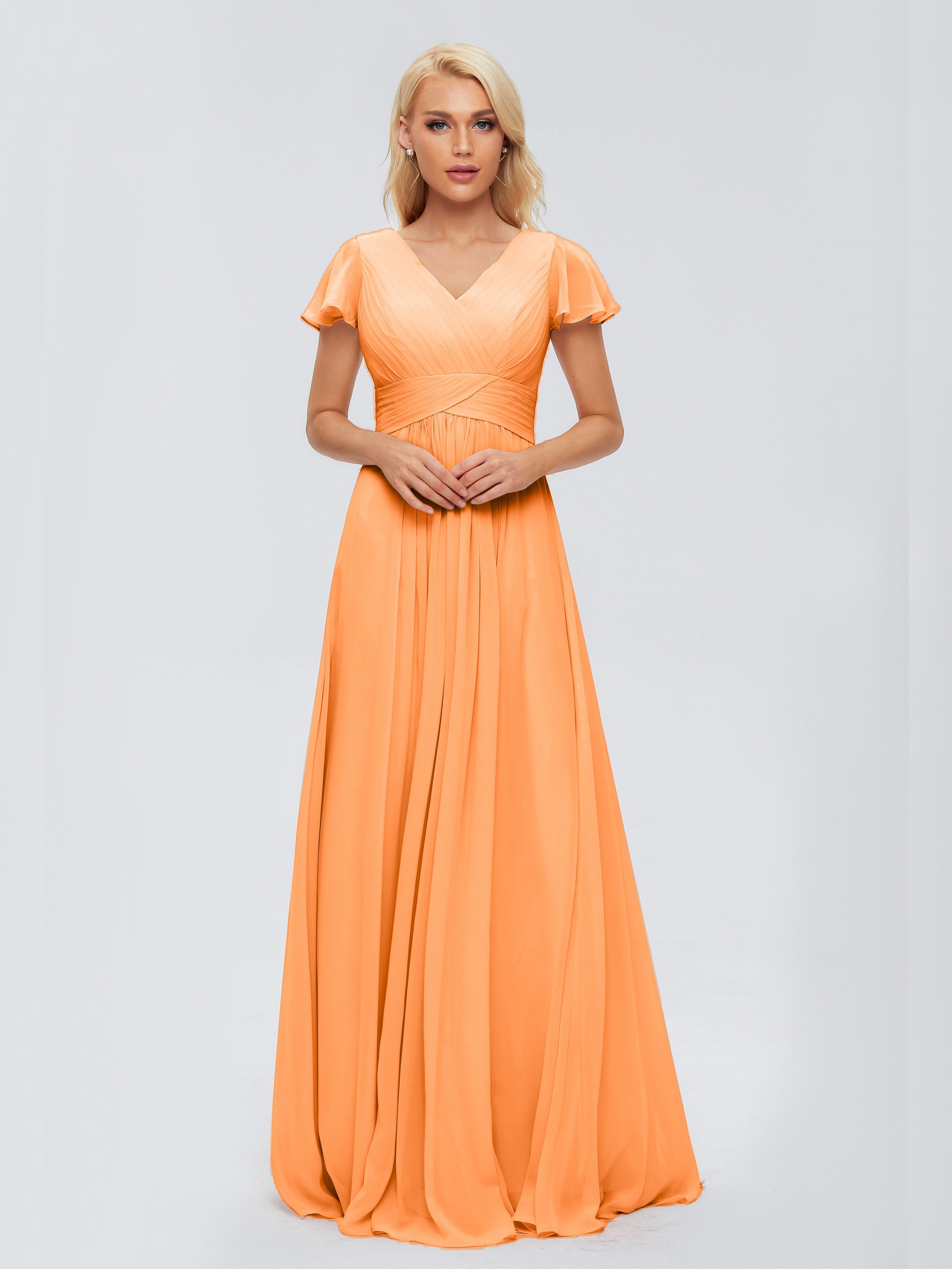 Robe De Demoiselle D Honneur Orange Trapèze Col V Mousseline Robes Demoiselle D'Honneur