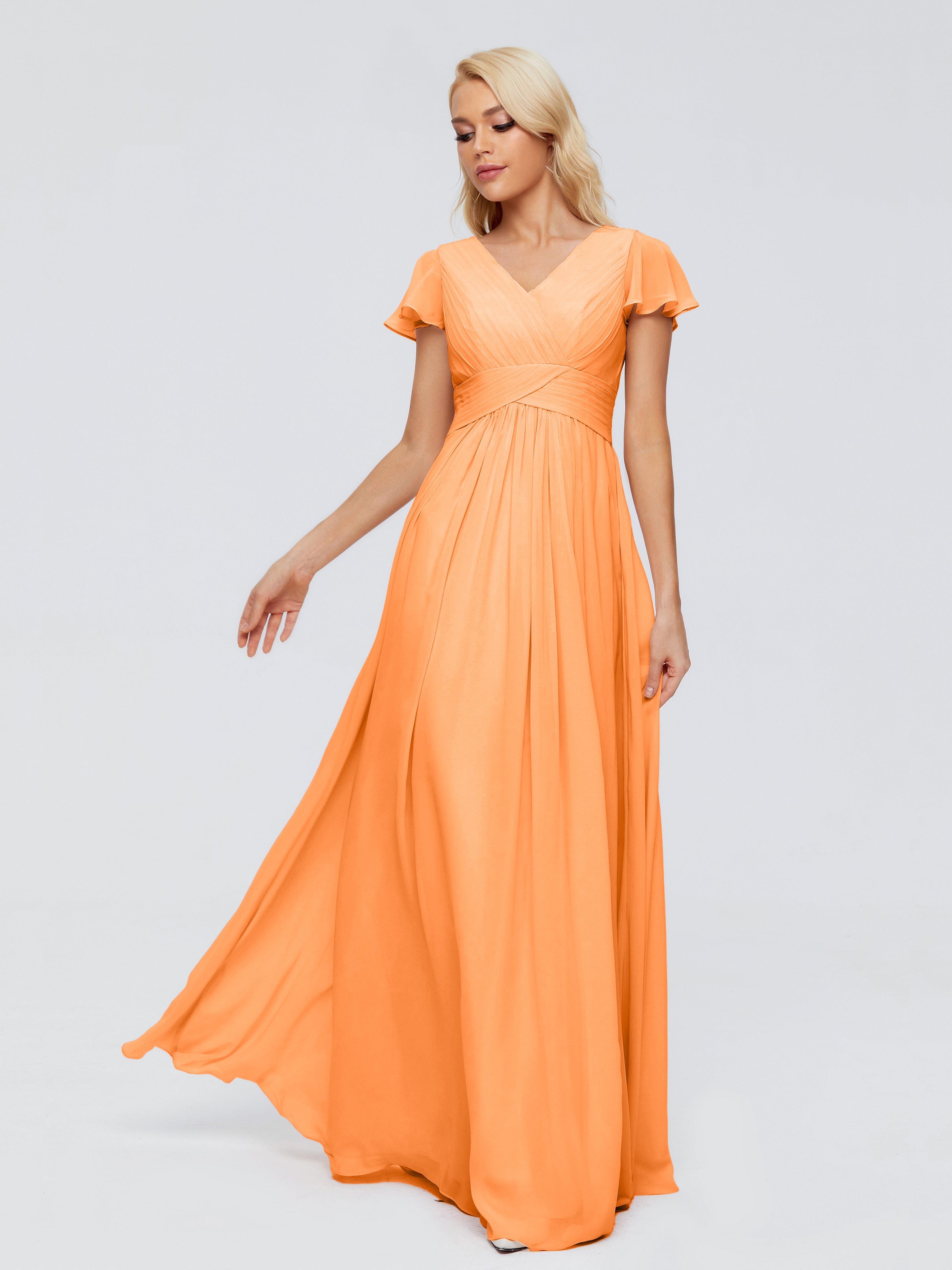 Robe De Demoiselle D Honneur Orange Trapèze Col V Mousseline Robes Demoiselle D'Honneur