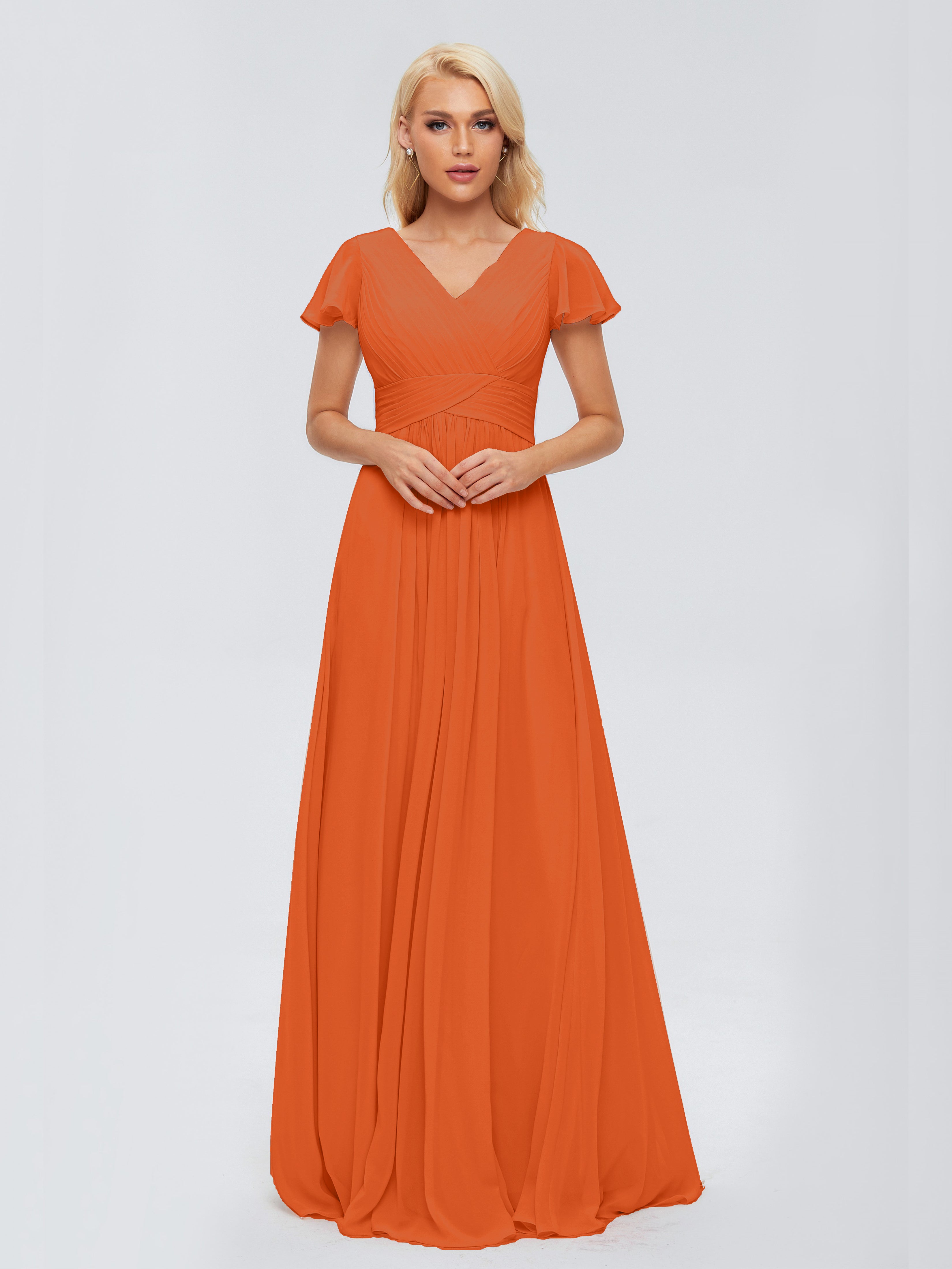 Robes De Demoiselle D'Honneur Orange Brûlé Trapèze Col V Mousseline Robes Demoiselle D'Honneur