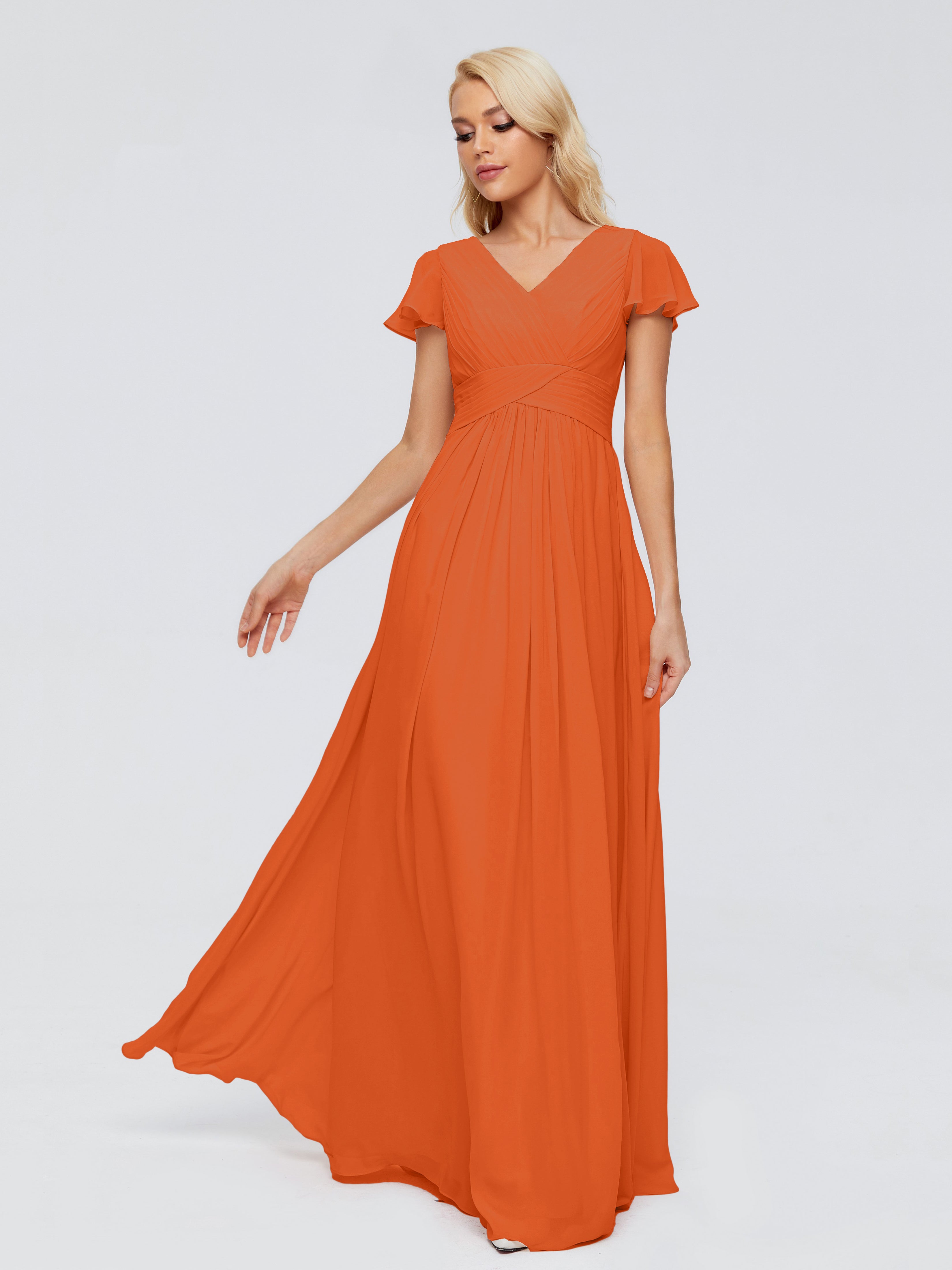 Robes De Demoiselle D'Honneur Orange Brûlé Trapèze Col V Mousseline Robes Demoiselle D'Honneur