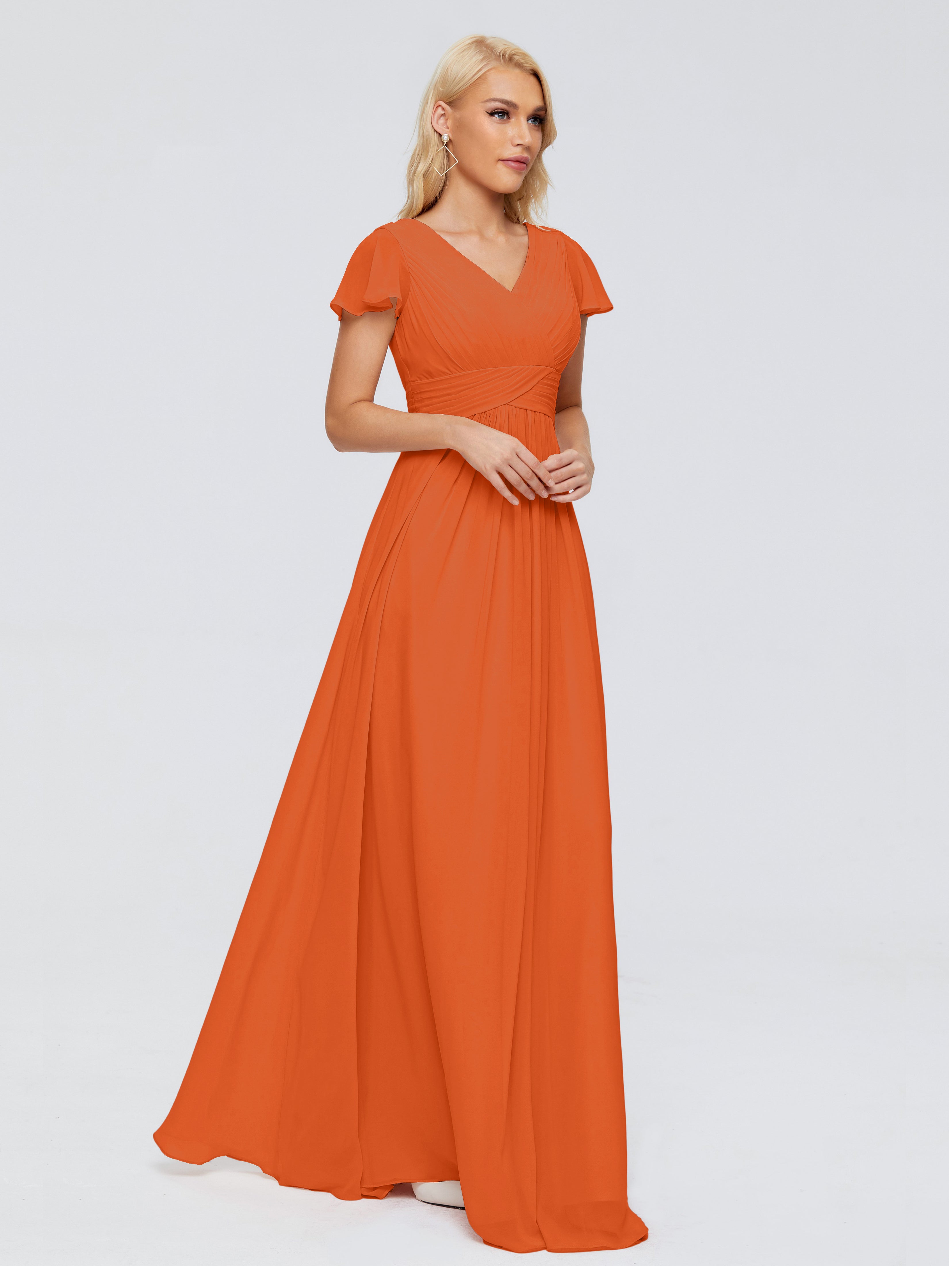 Robes De Demoiselle D'Honneur Orange Brûlé Trapèze Col V Mousseline Robes Demoiselle D'Honneur