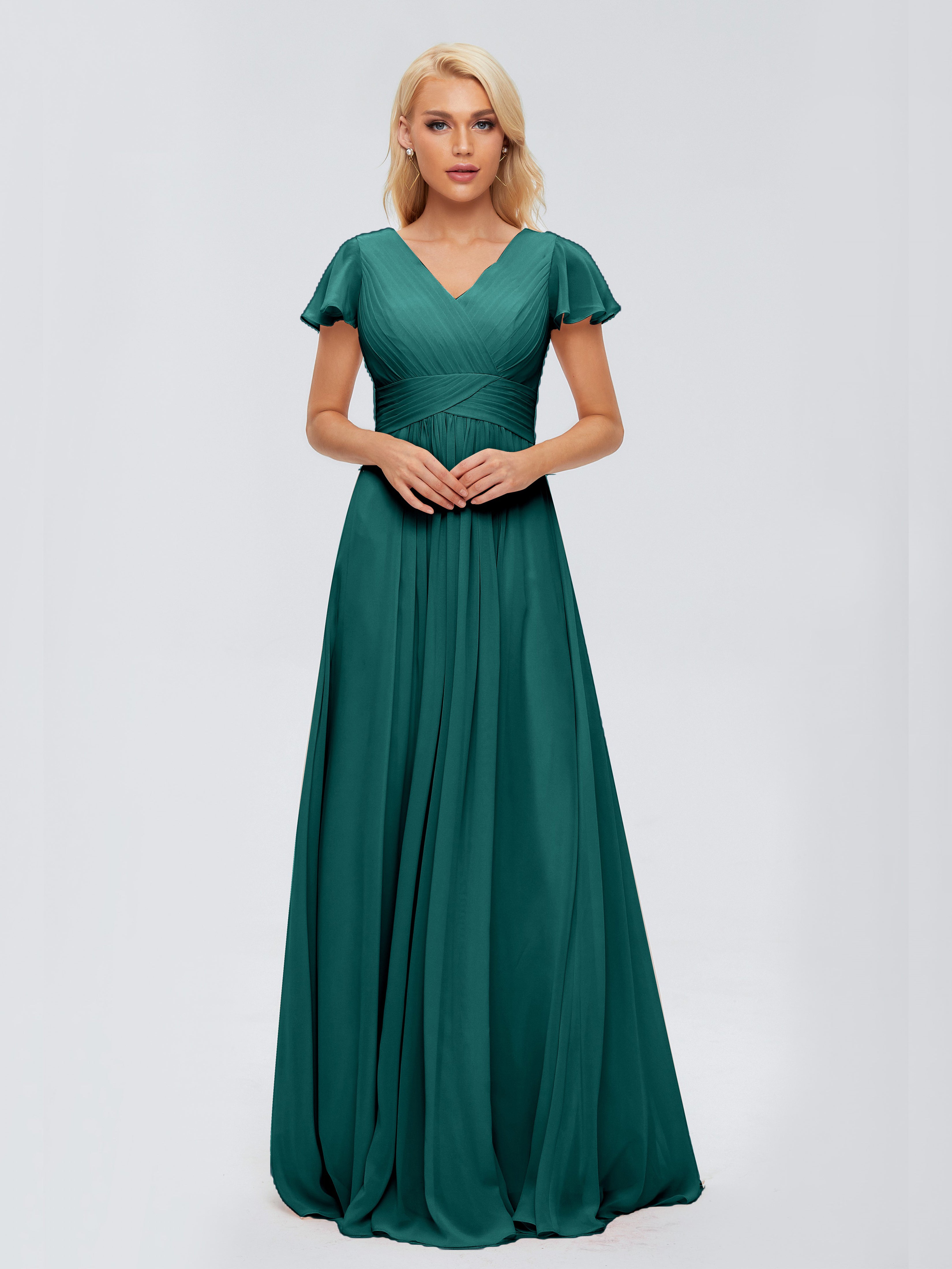 Robes De Demoiselle D'Honneur Bleu Paon Trapèze Col V Mousseline Robes Demoiselle D'Honneur