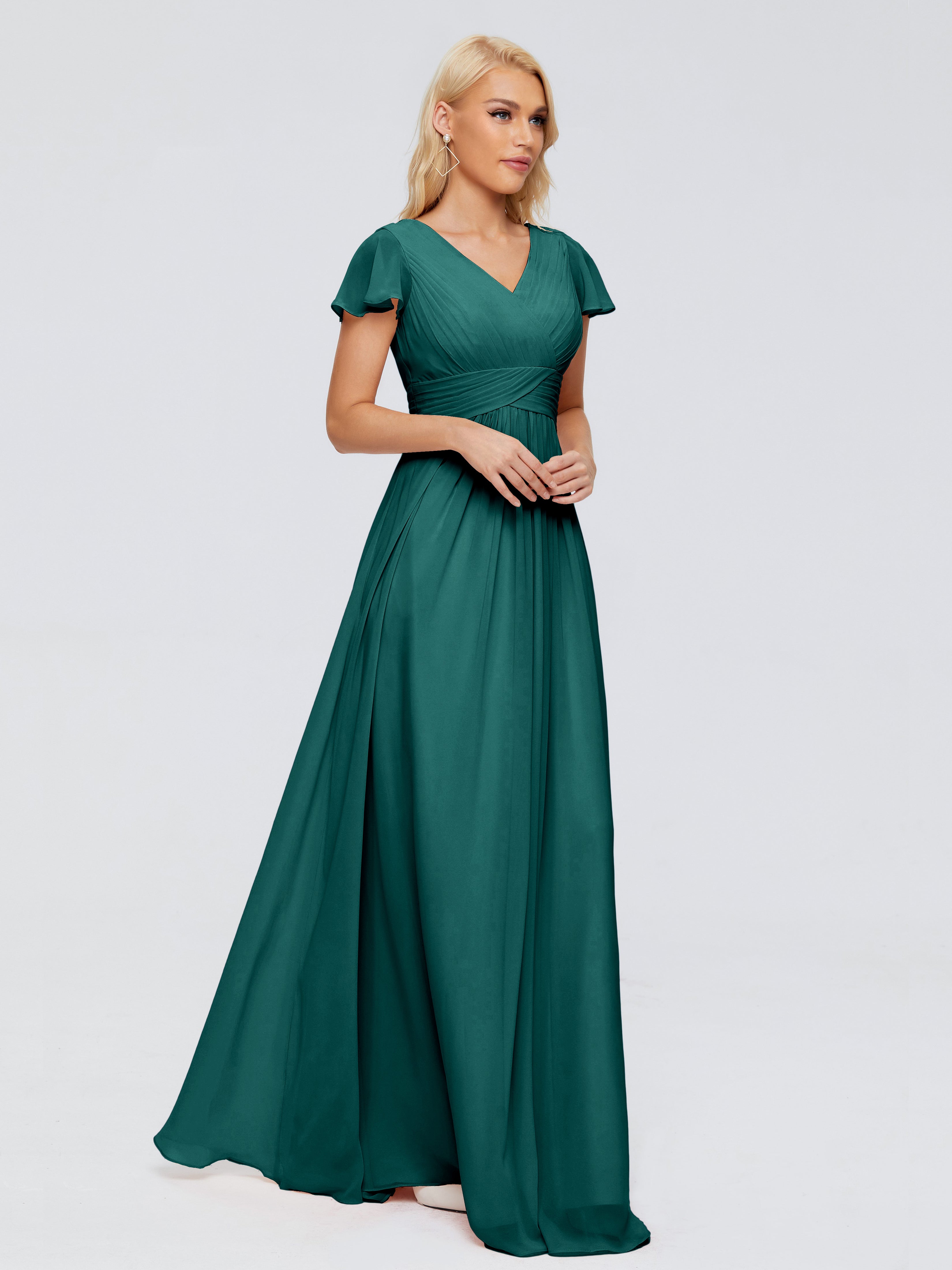 Robes De Demoiselle D'Honneur Bleu Paon Trapèze Col V Mousseline Robes Demoiselle D'Honneur