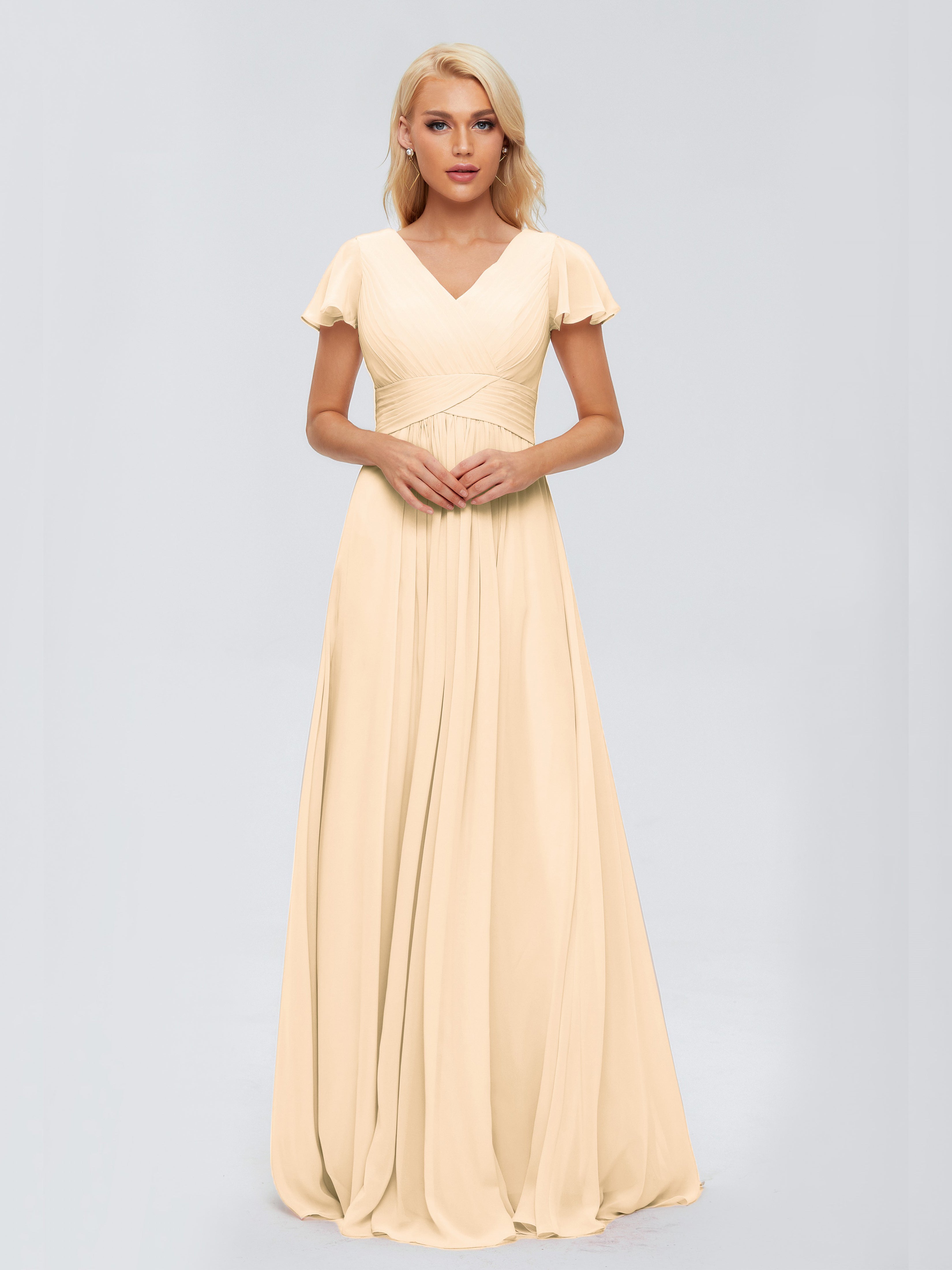 Robe Demoiselle D Honneur Couleur Peche Trapèze Col V Mousseline Robes Demoiselle D'Honneur
