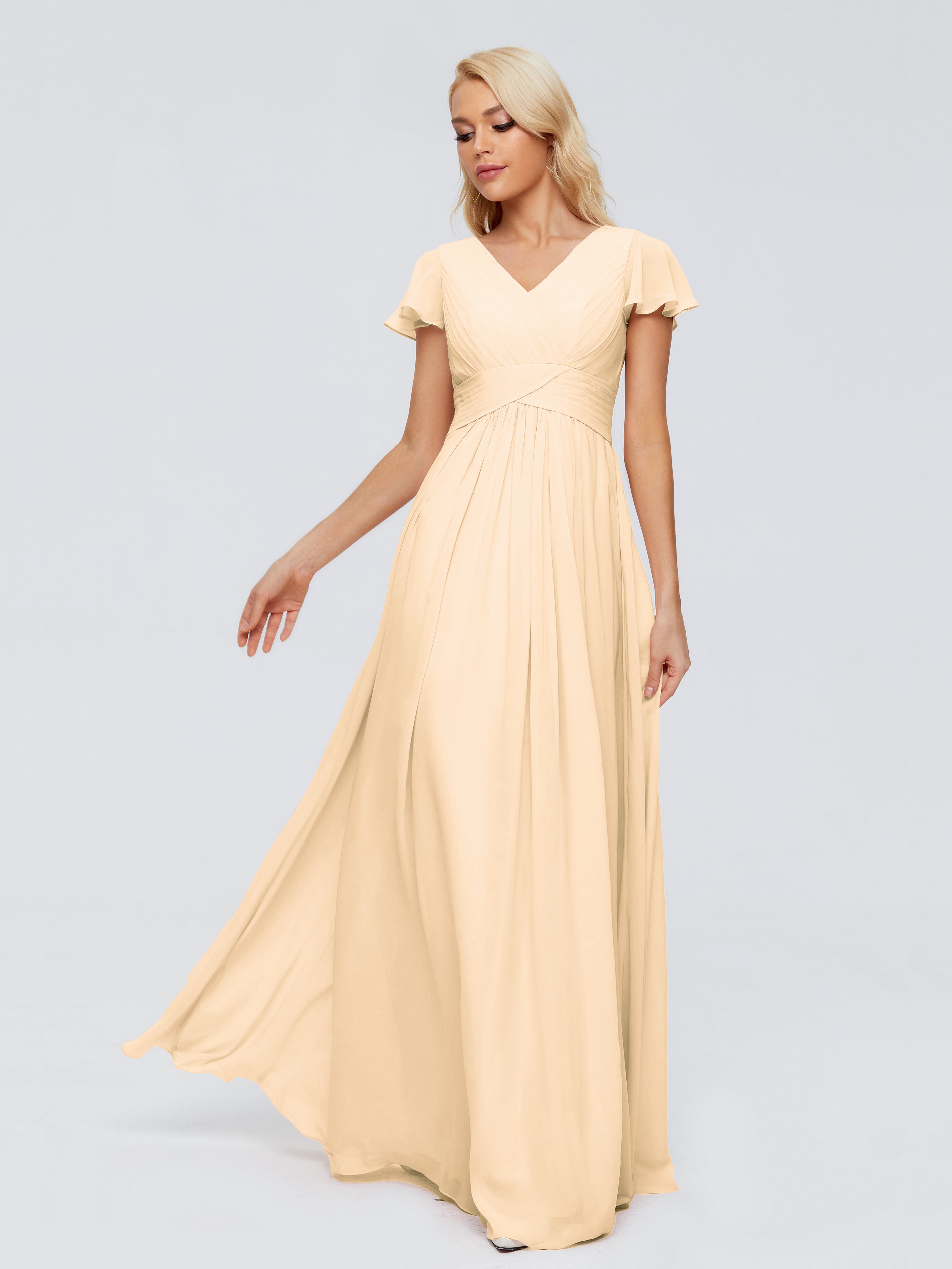 Robe Demoiselle D Honneur Couleur Peche Trapèze Col V Mousseline Robes Demoiselle D'Honneur