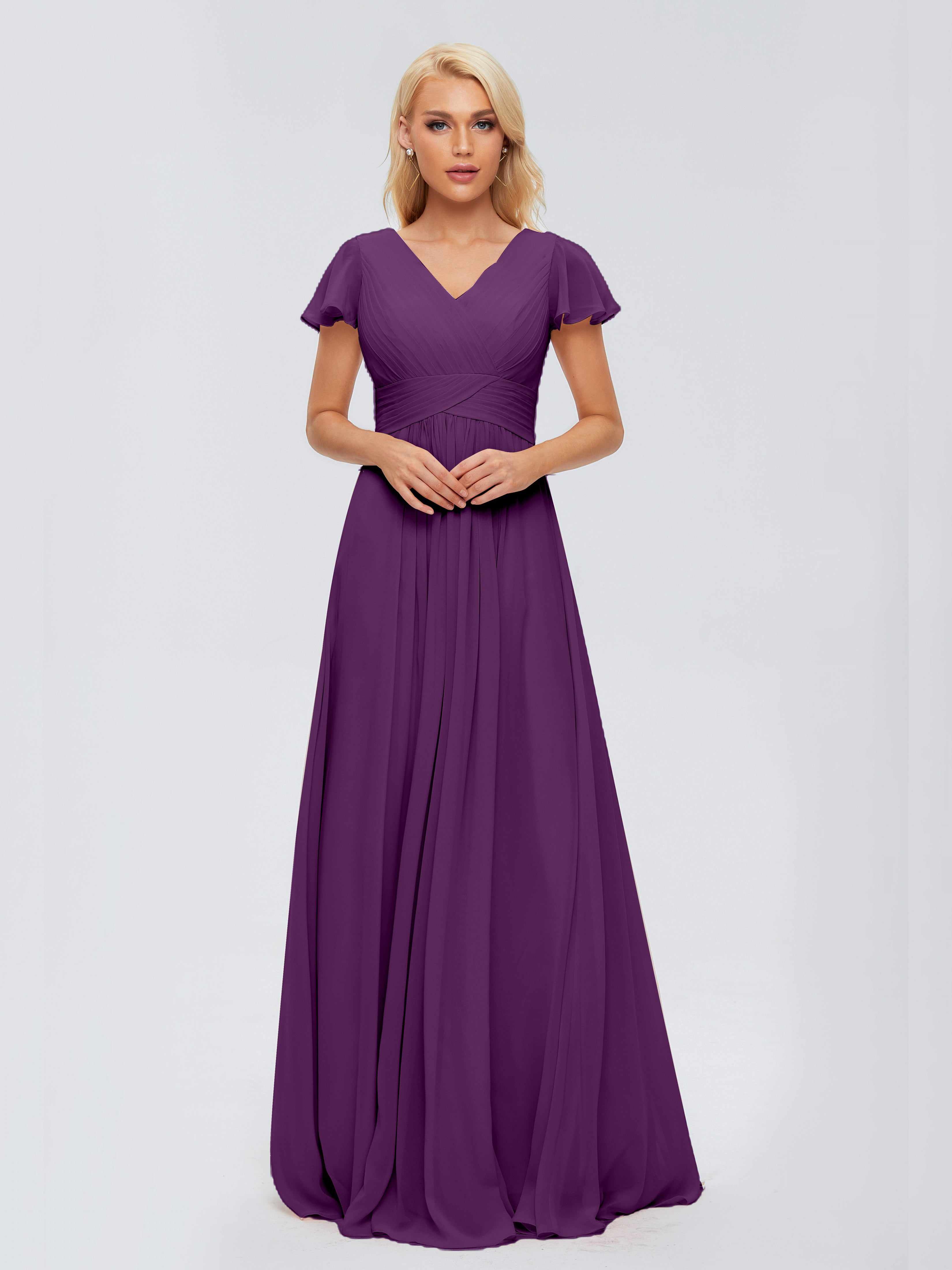 Robes De Demoiselle D'Honneur En Raisin Trapèze Col V Mousseline Robes Demoiselle D'Honneur