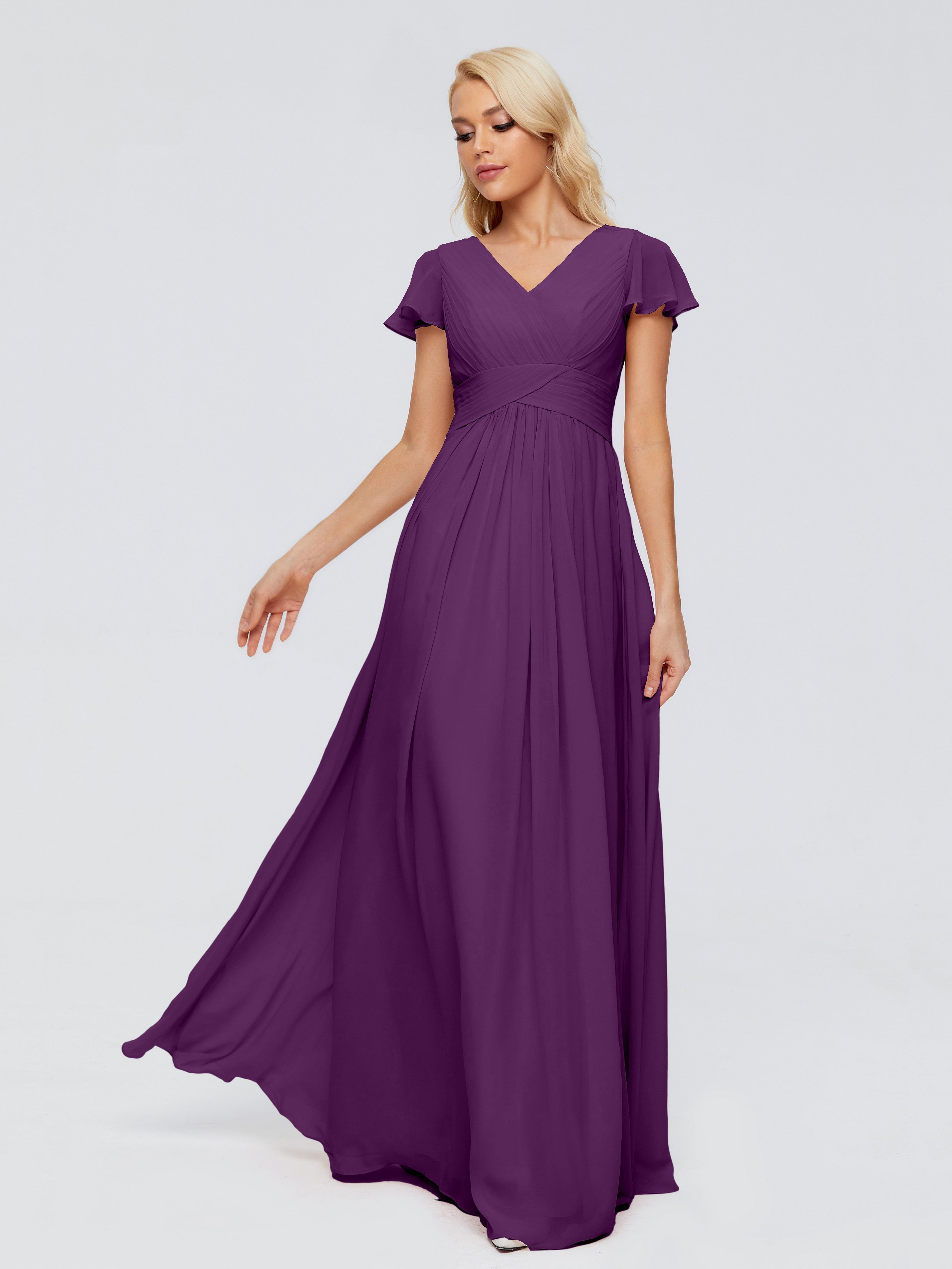 Robes De Demoiselle D'Honneur En Raisin Trapèze Col V Mousseline Robes Demoiselle D'Honneur