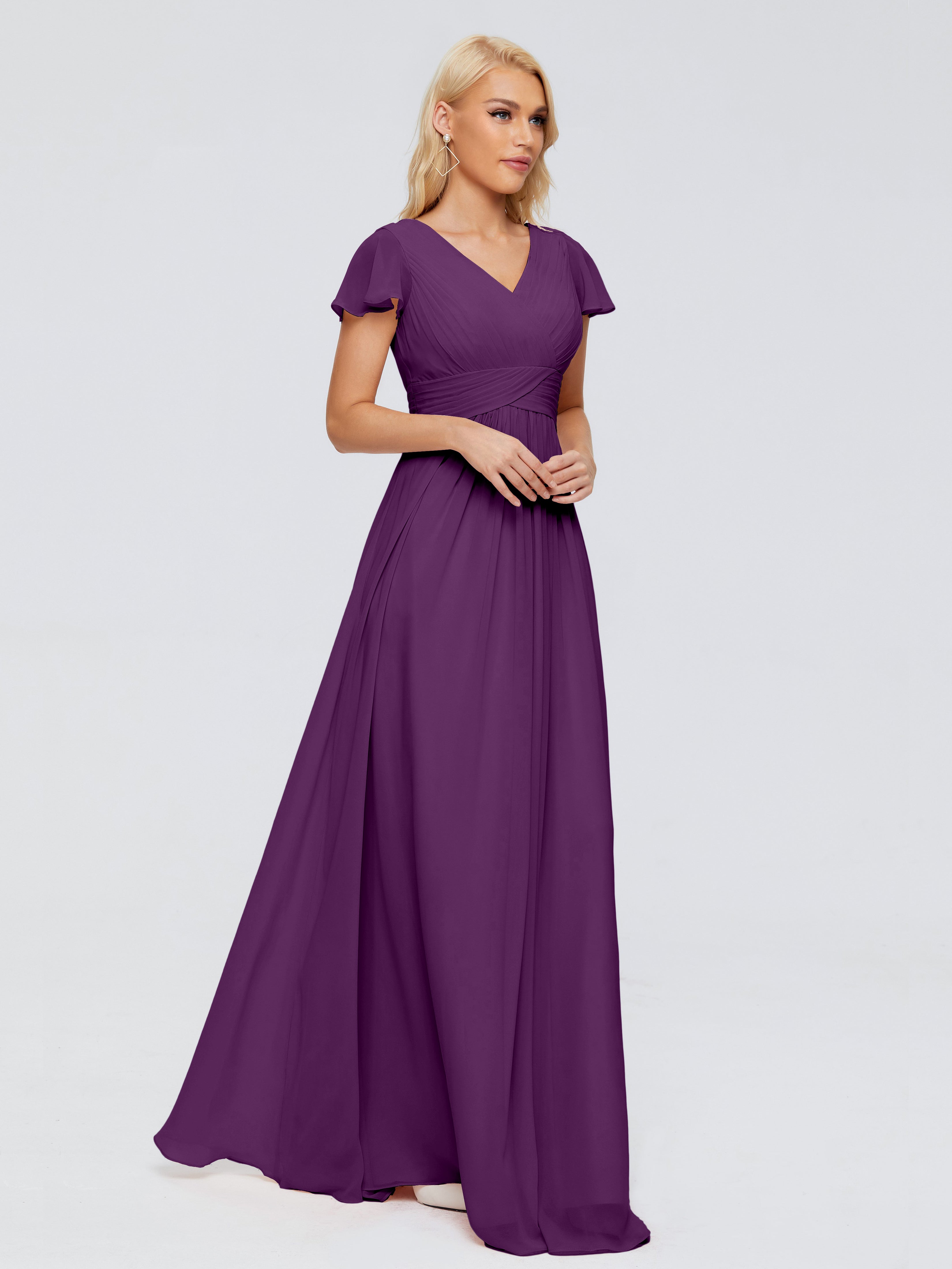 Robes De Demoiselle D'Honneur En Raisin Trapèze Col V Mousseline Robes Demoiselle D'Honneur
