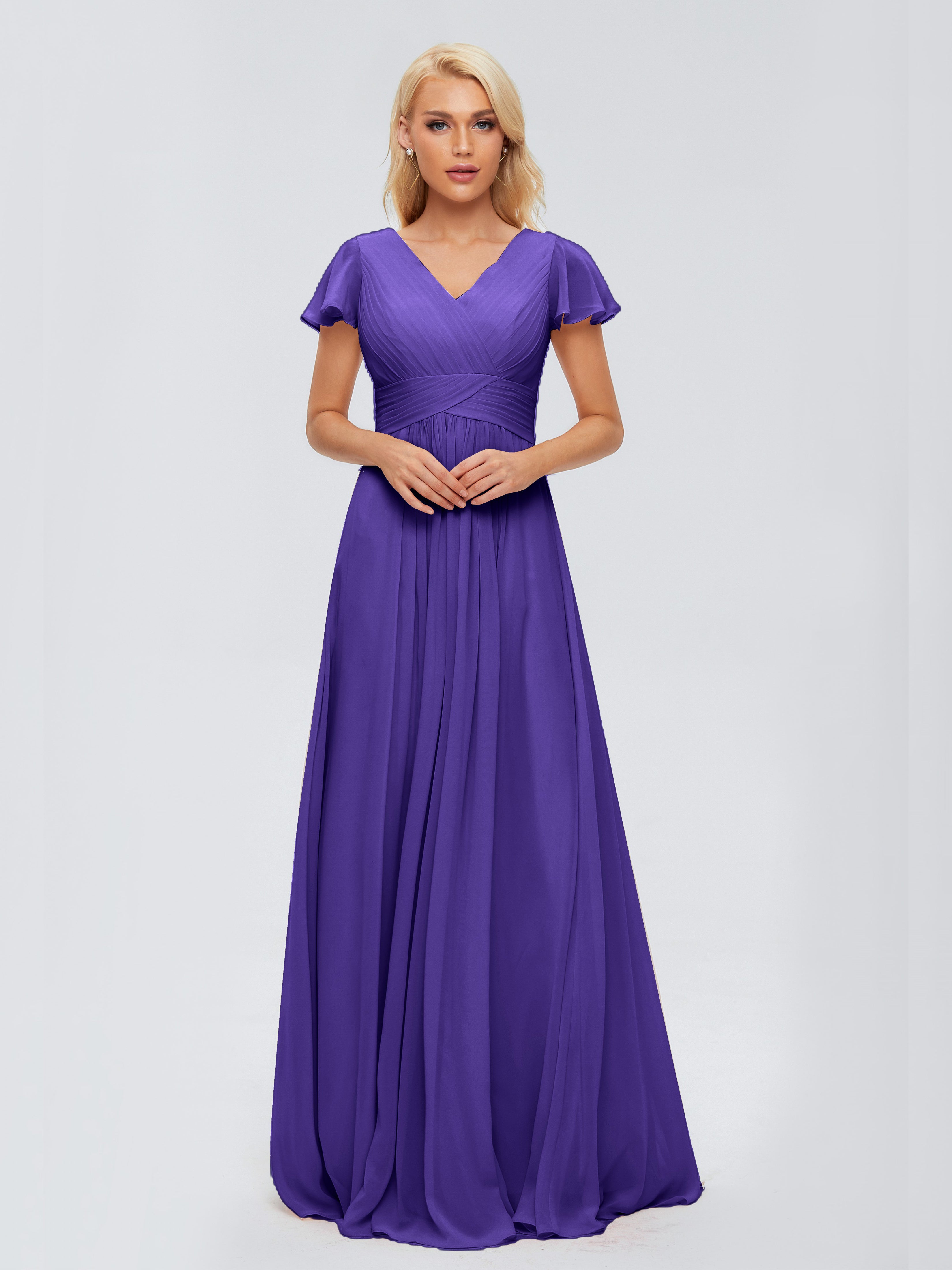 Robes De Demoiselle D'Honneur En Régence Trapèze Col V Mousseline Robes Demoiselle D'Honneur