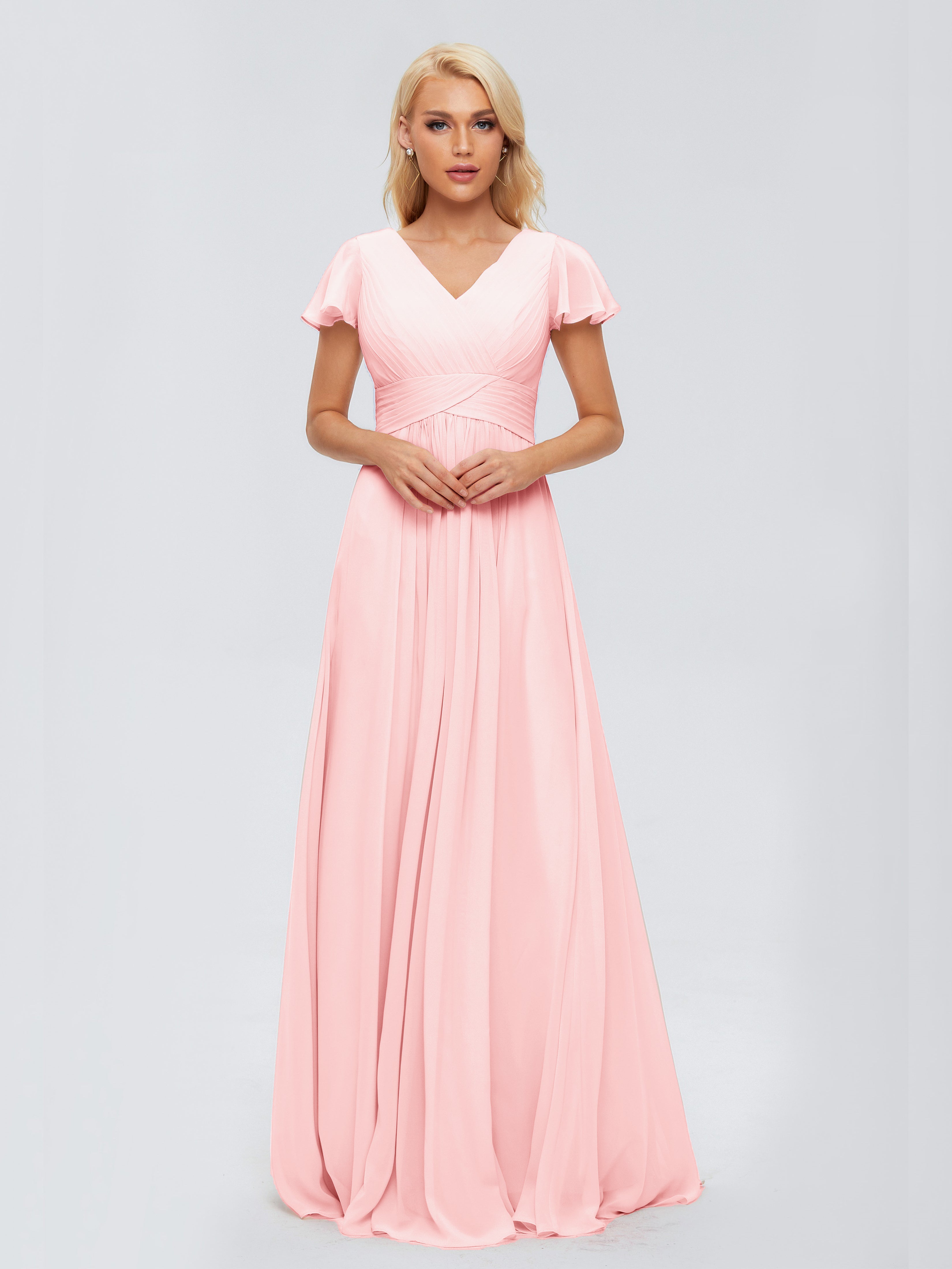 Robe Rose Demoiselle D Honneur Trapèze Col V Mousseline Robes Demoiselle D'Honneur