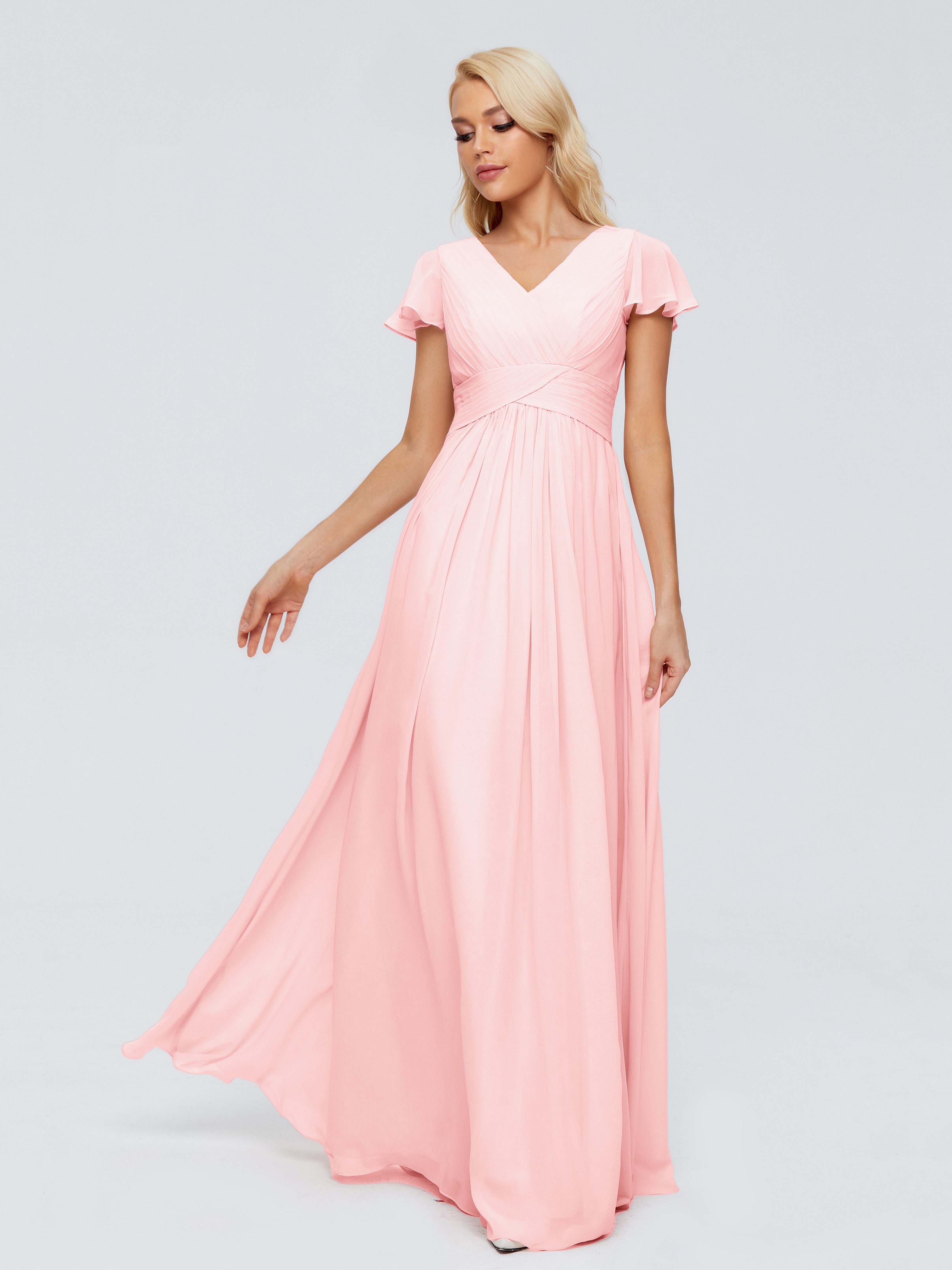 Robe Rose Demoiselle D Honneur Trapèze Col V Mousseline Robes Demoiselle D'Honneur