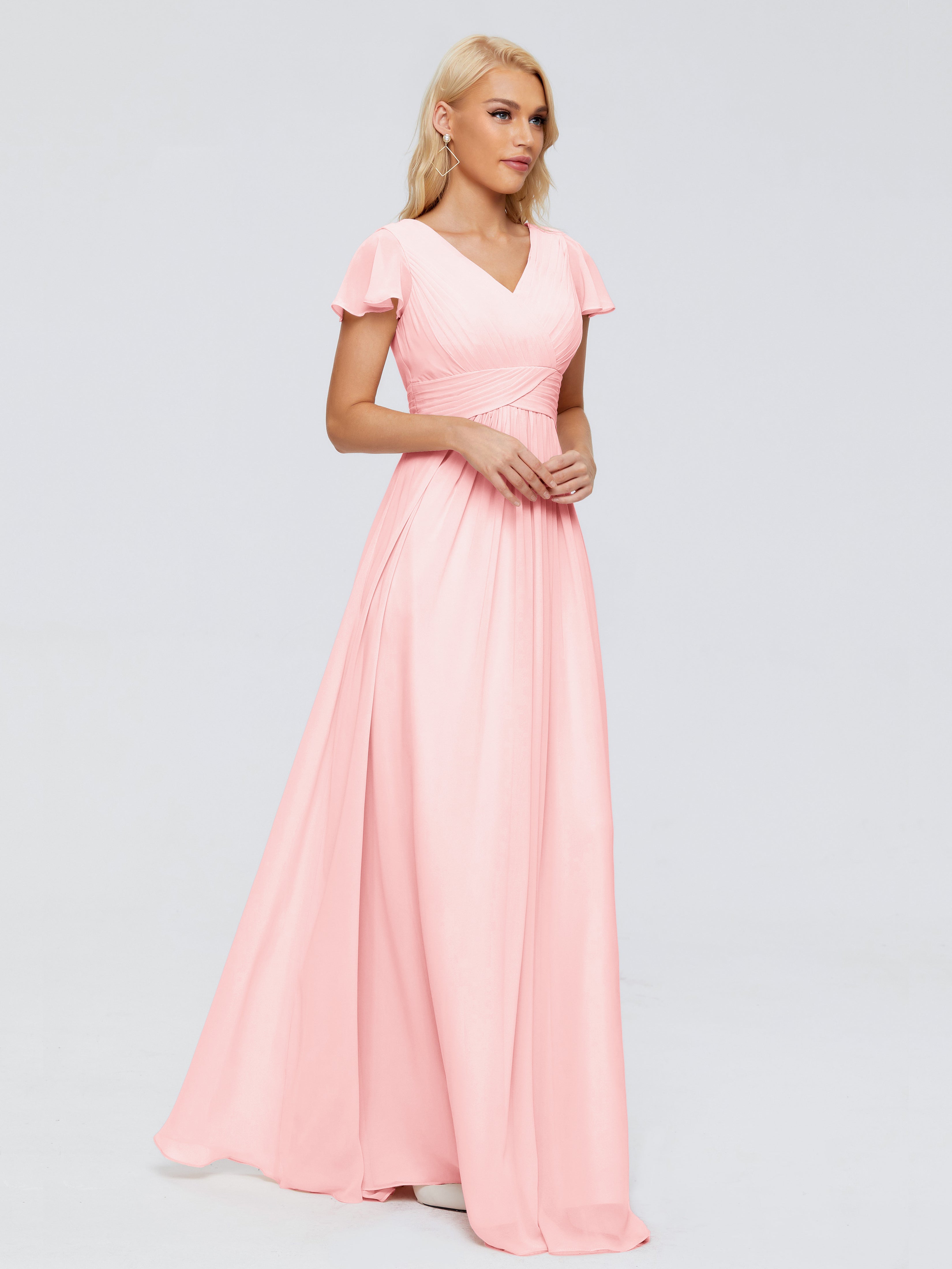 Robe Rose Demoiselle D Honneur Trapèze Col V Mousseline Robes Demoiselle D'Honneur