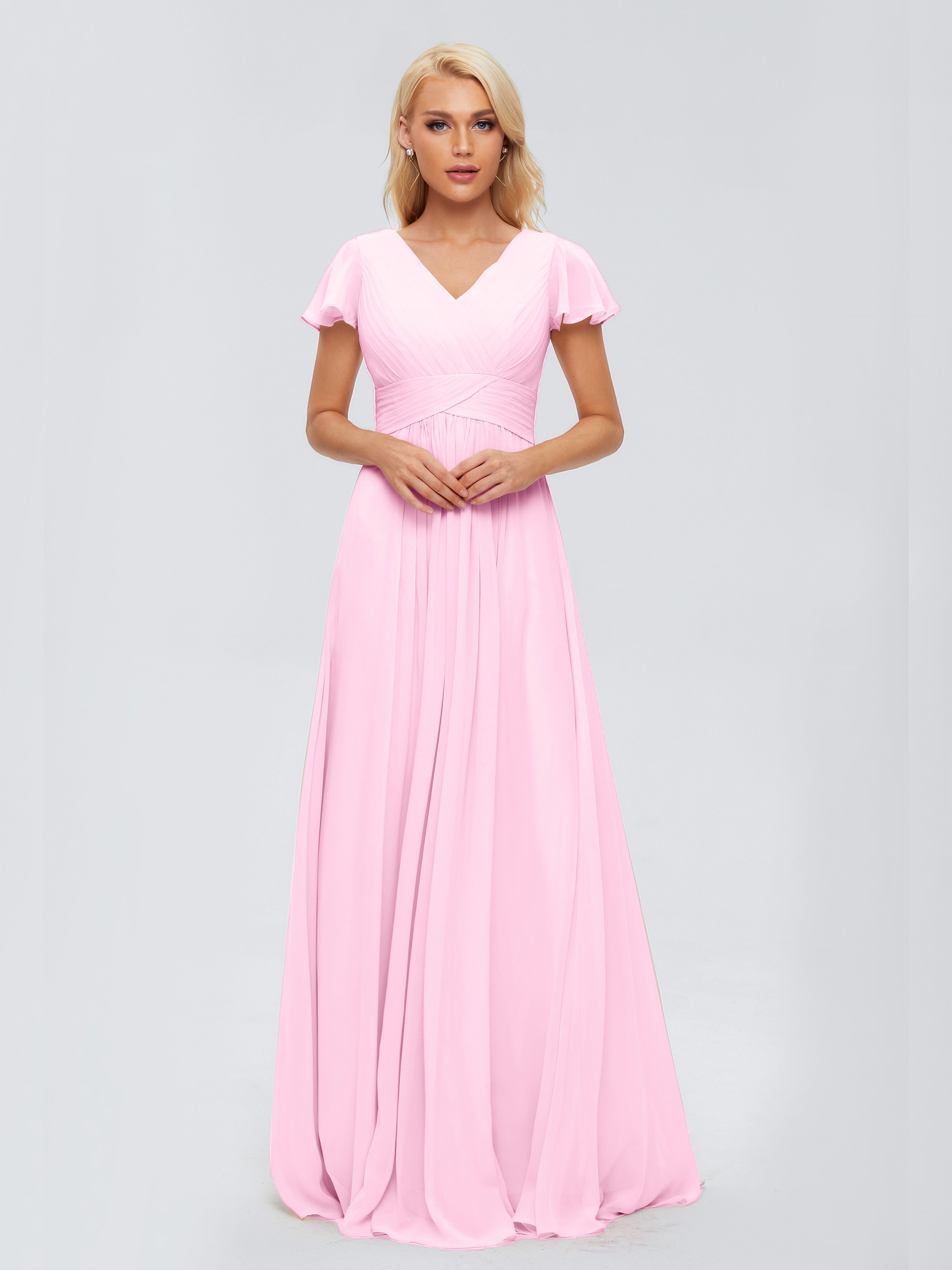 Robe Demoiselle D Honneur Rose Bonbon Trapèze Col V Mousseline Robes Demoiselle D'Honneur