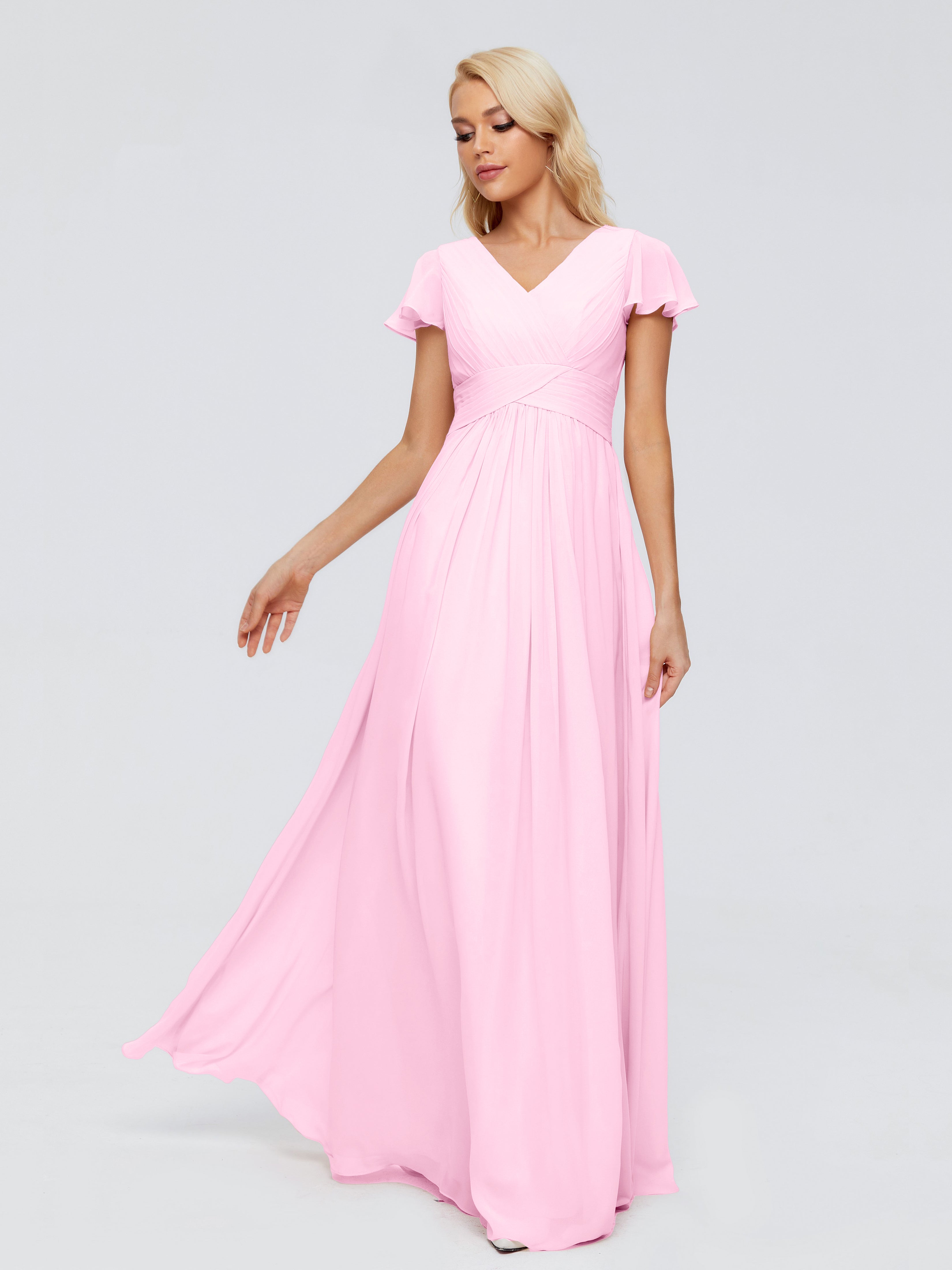 Robe Demoiselle D Honneur Rose Bonbon Trapèze Col V Mousseline Robes Demoiselle D'Honneur