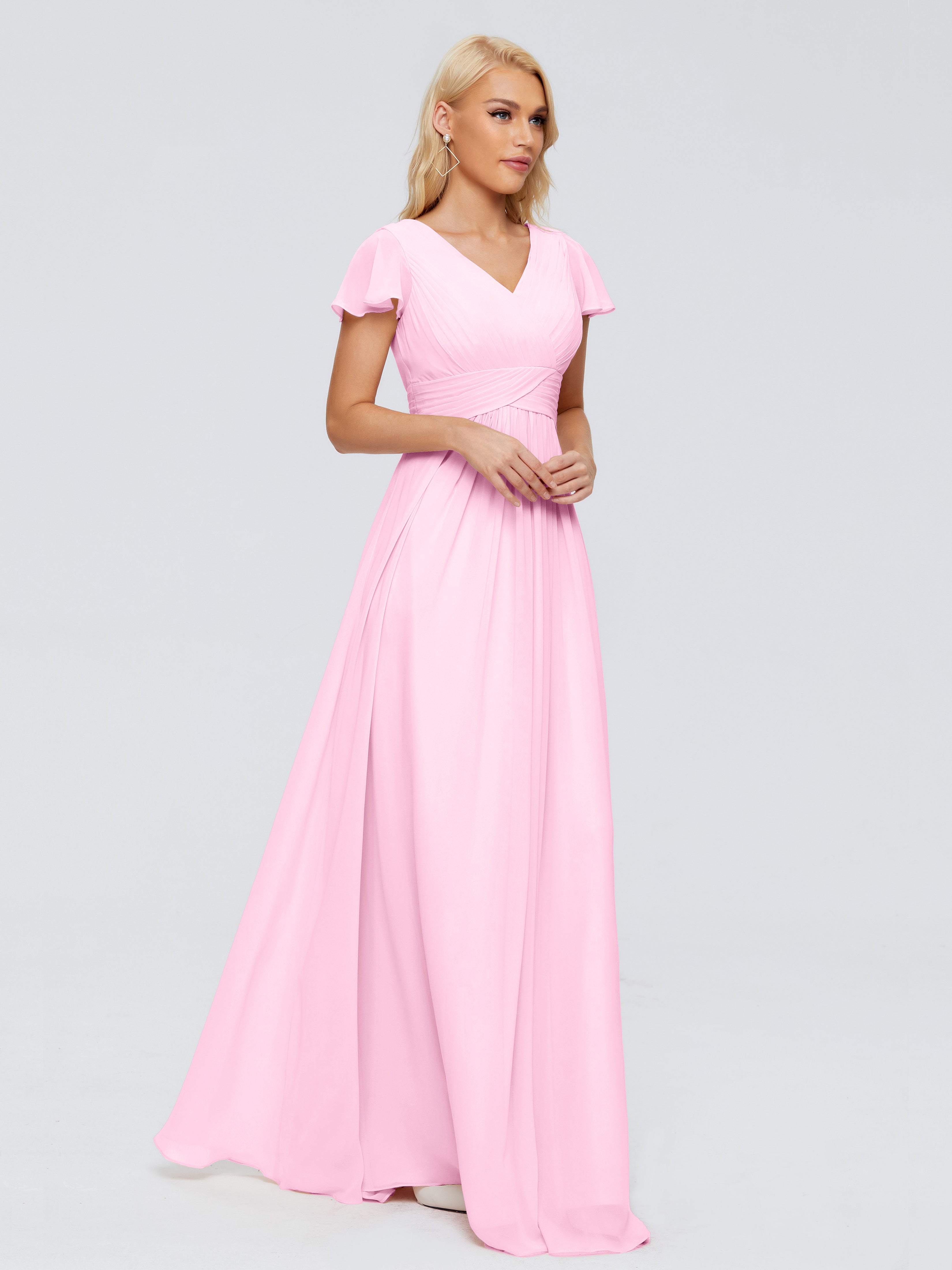 Robe Demoiselle D Honneur Rose Bonbon Trapèze Col V Mousseline Robes Demoiselle D'Honneur