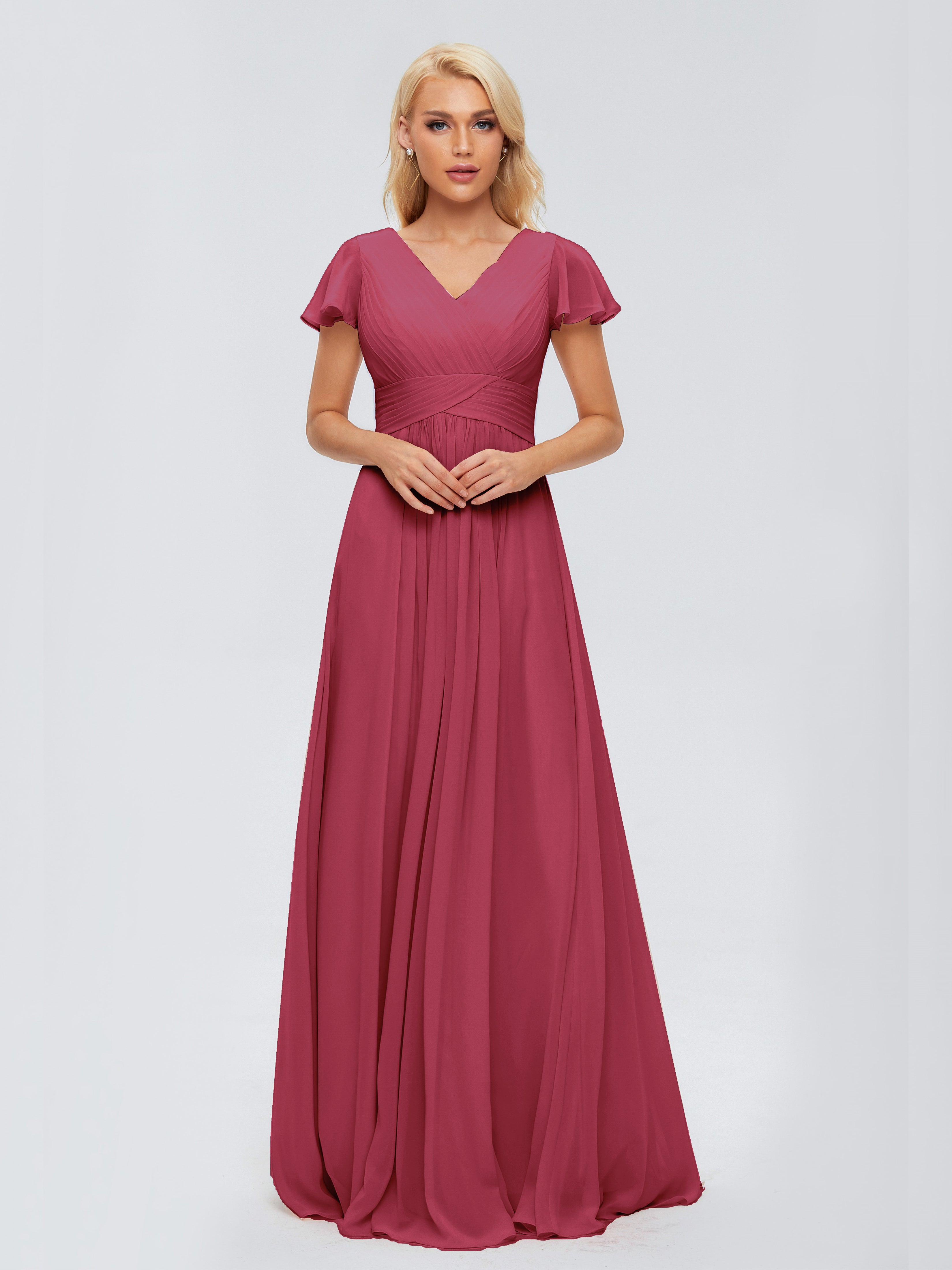 Robe Demoiselle D Honneur Rose Cannelle Trapèze Col V Mousseline Robes Demoiselle D'Honneur