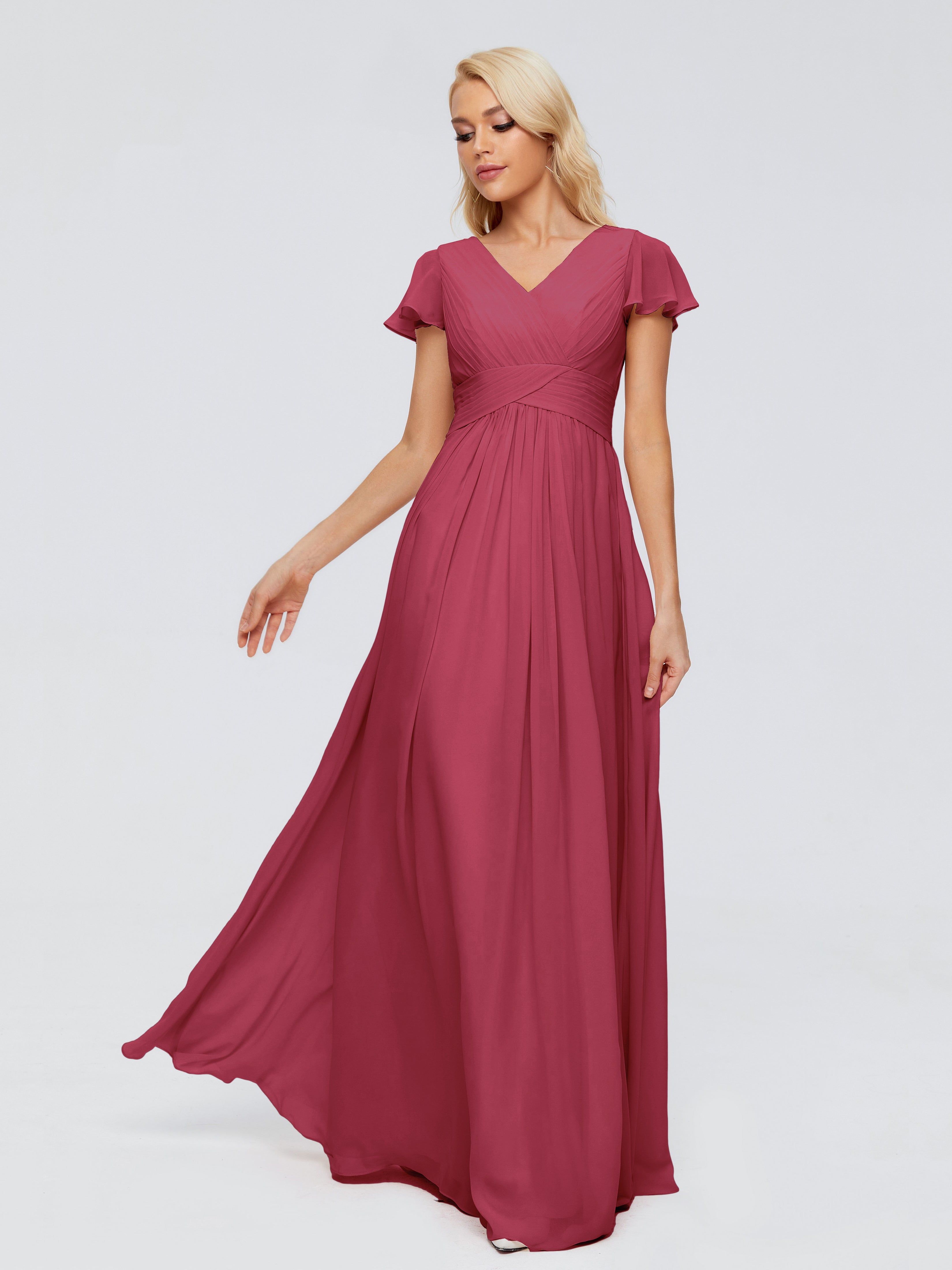 Robe Demoiselle D Honneur Rose Cannelle Trapèze Col V Mousseline Robes Demoiselle D'Honneur