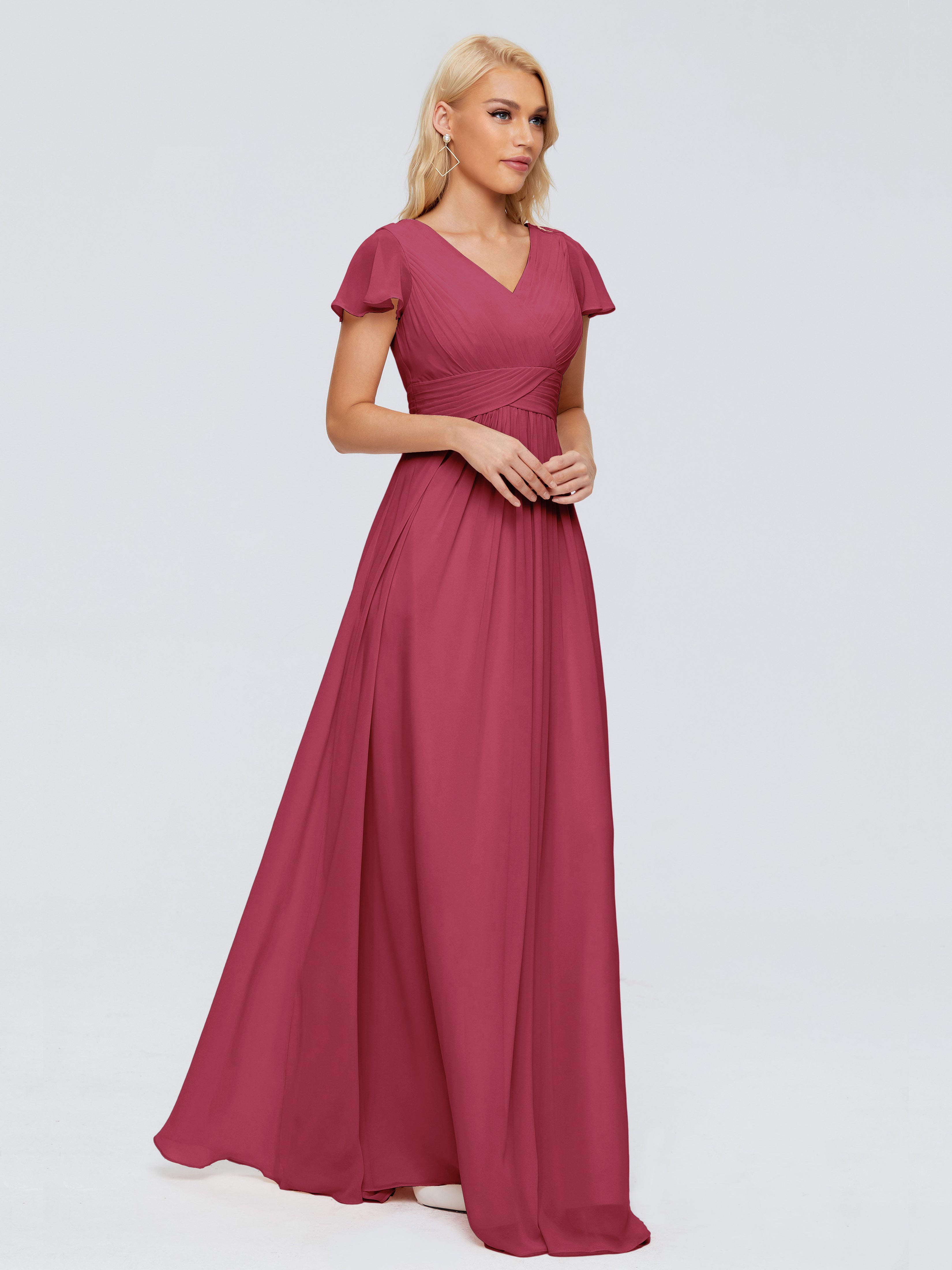 Robe Demoiselle D Honneur Rose Cannelle Trapèze Col V Mousseline Robes Demoiselle D'Honneur