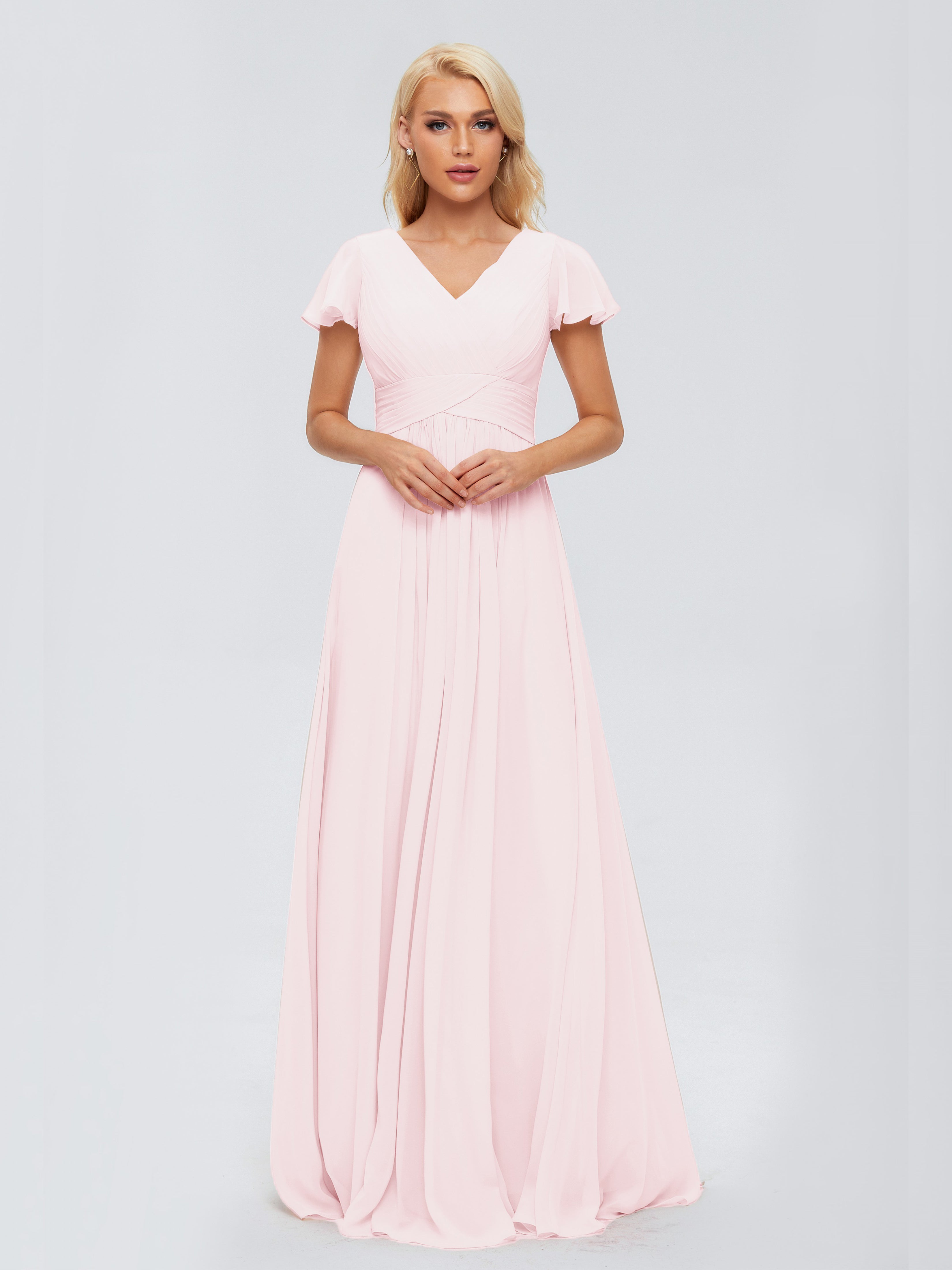 Robe De Demoiselle D Honneur Rose Pale Trapèze Col V Mousseline Robes Demoiselle D'Honneur