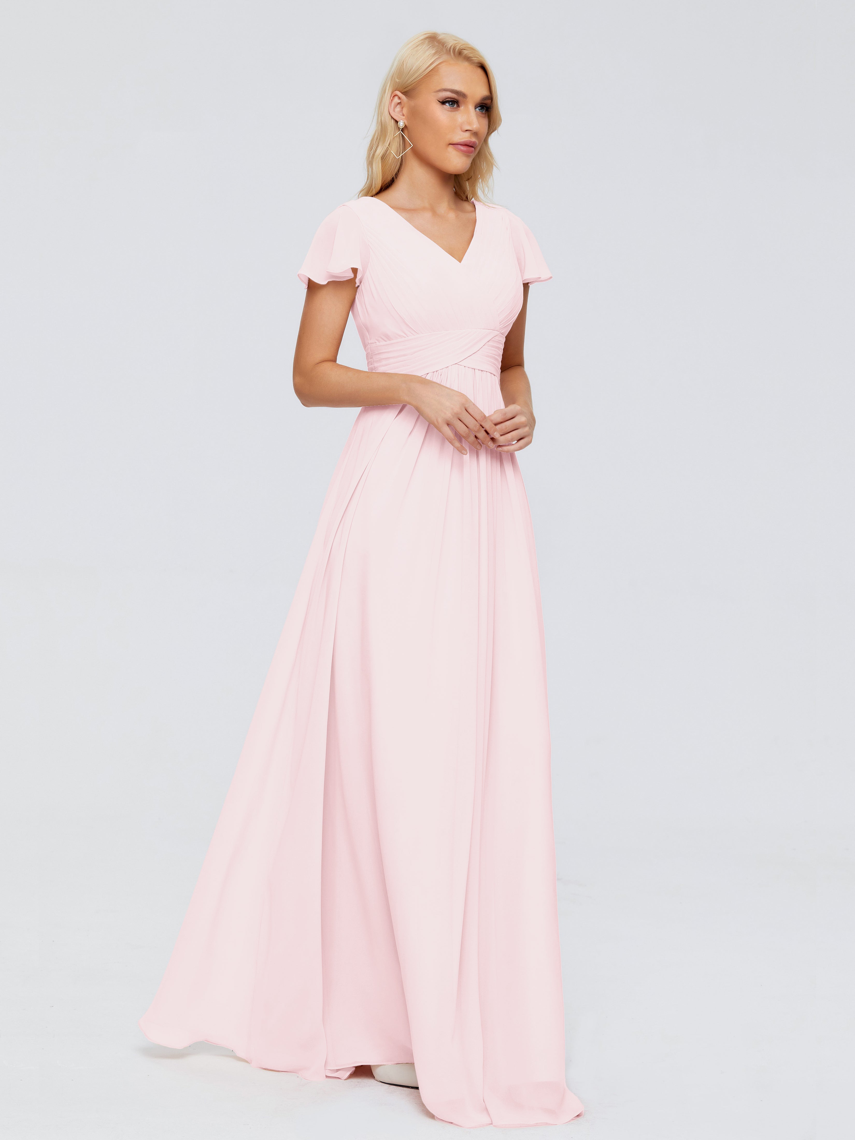 Robe De Demoiselle D Honneur Rose Pale Trapèze Col V Mousseline Robes Demoiselle D'Honneur