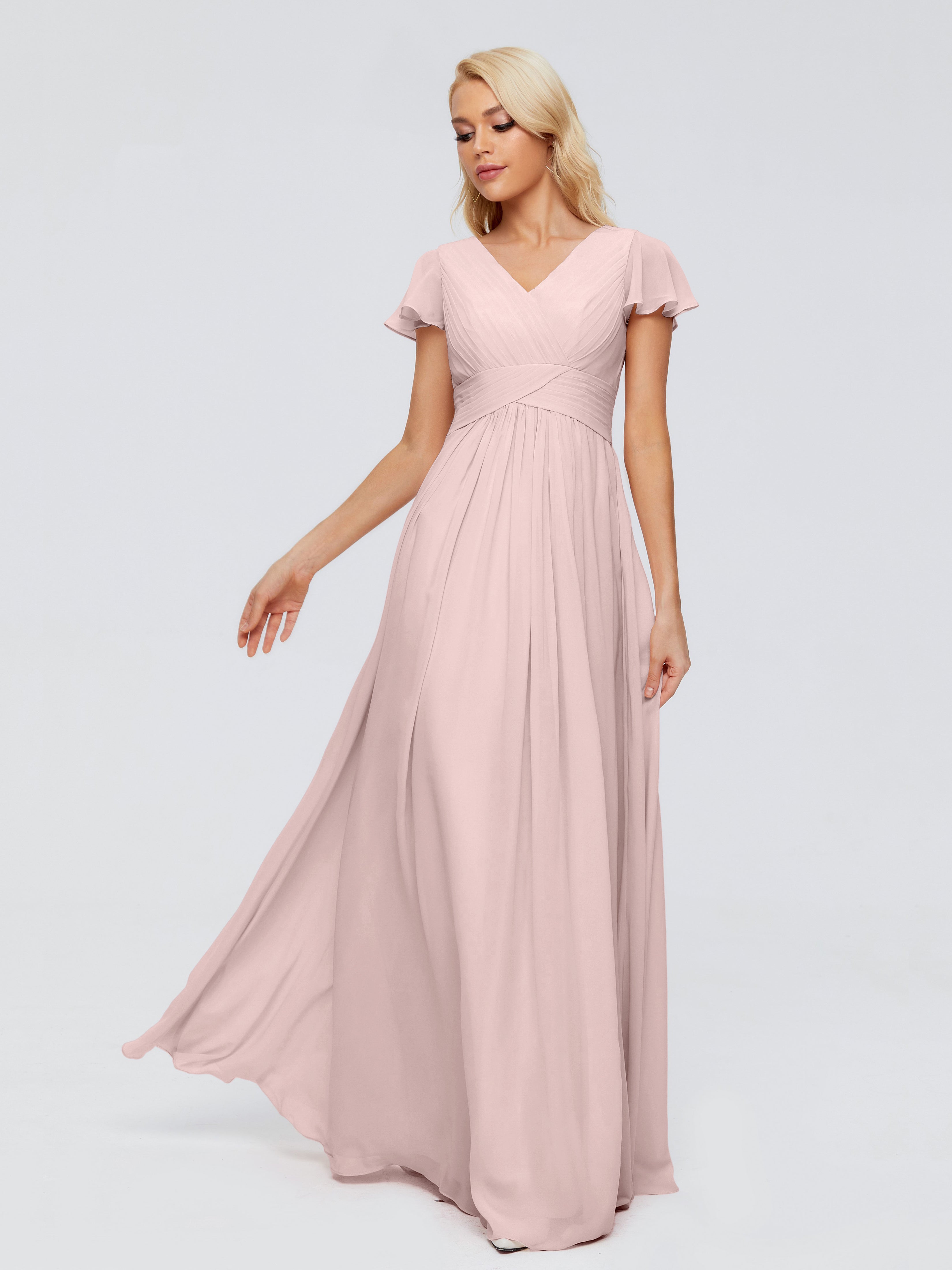 Robe Demoiselle D Honneur Rose Poudre Trapèze Col V Mousseline Robes Demoiselle D'Honneur