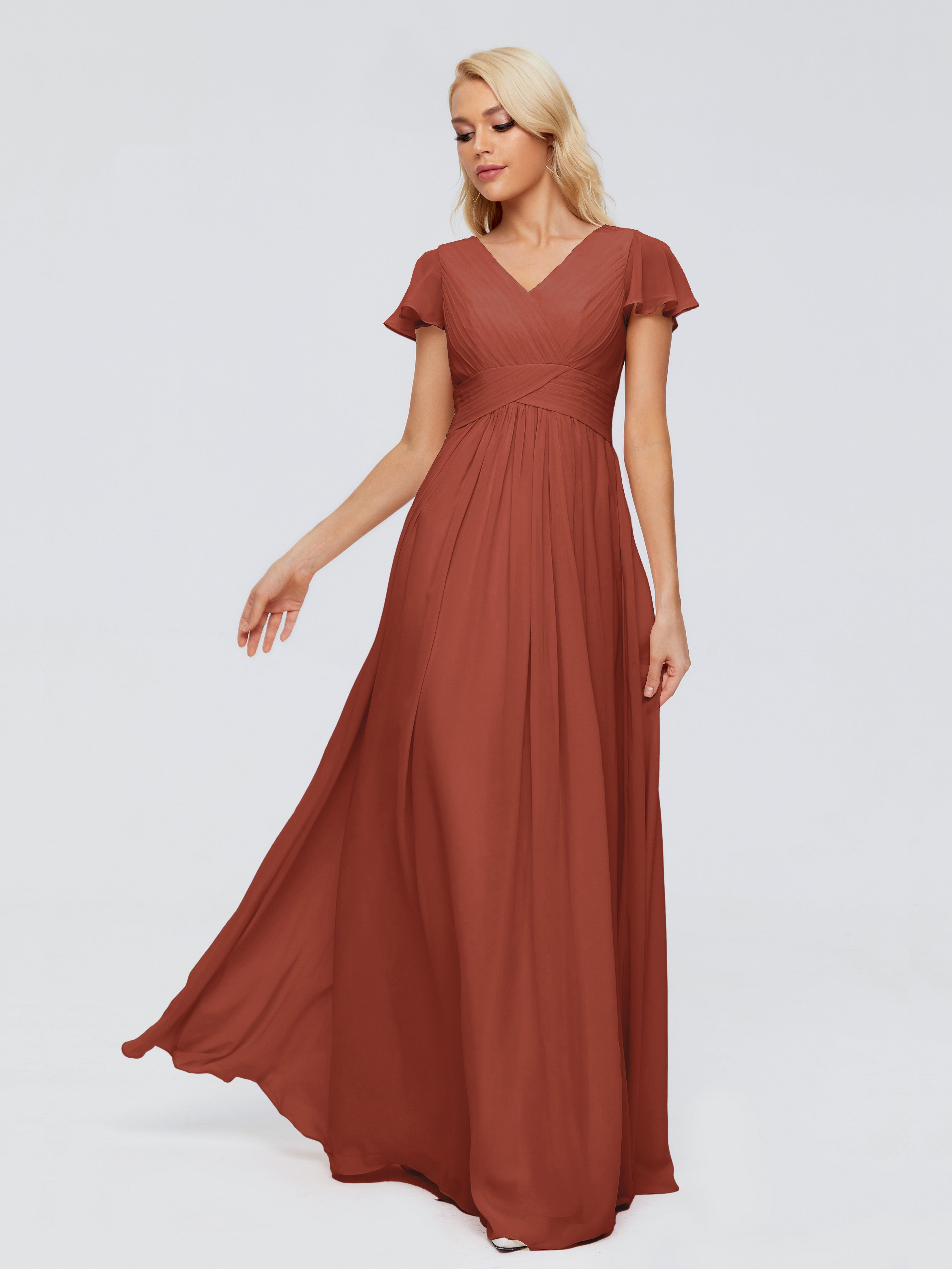 Robe Demoiselle D Honneur Couleur Rouille Trapèze Col V Mousseline Robes Demoiselle D'Honneur