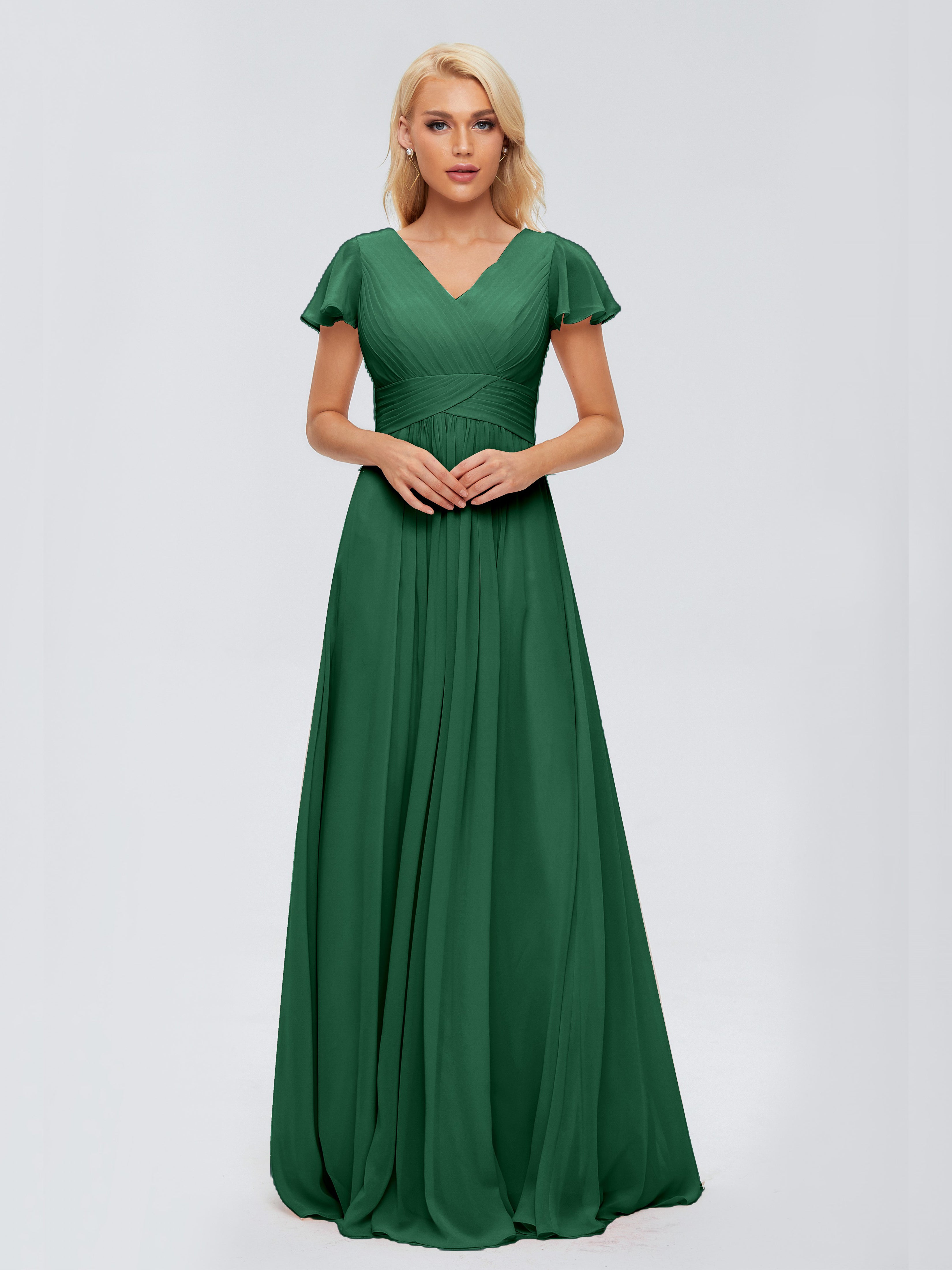 Robes De Demoiselle D'Honneur Vert Foncé Trapèze Col V Mousseline Robes Demoiselle D'Honneur