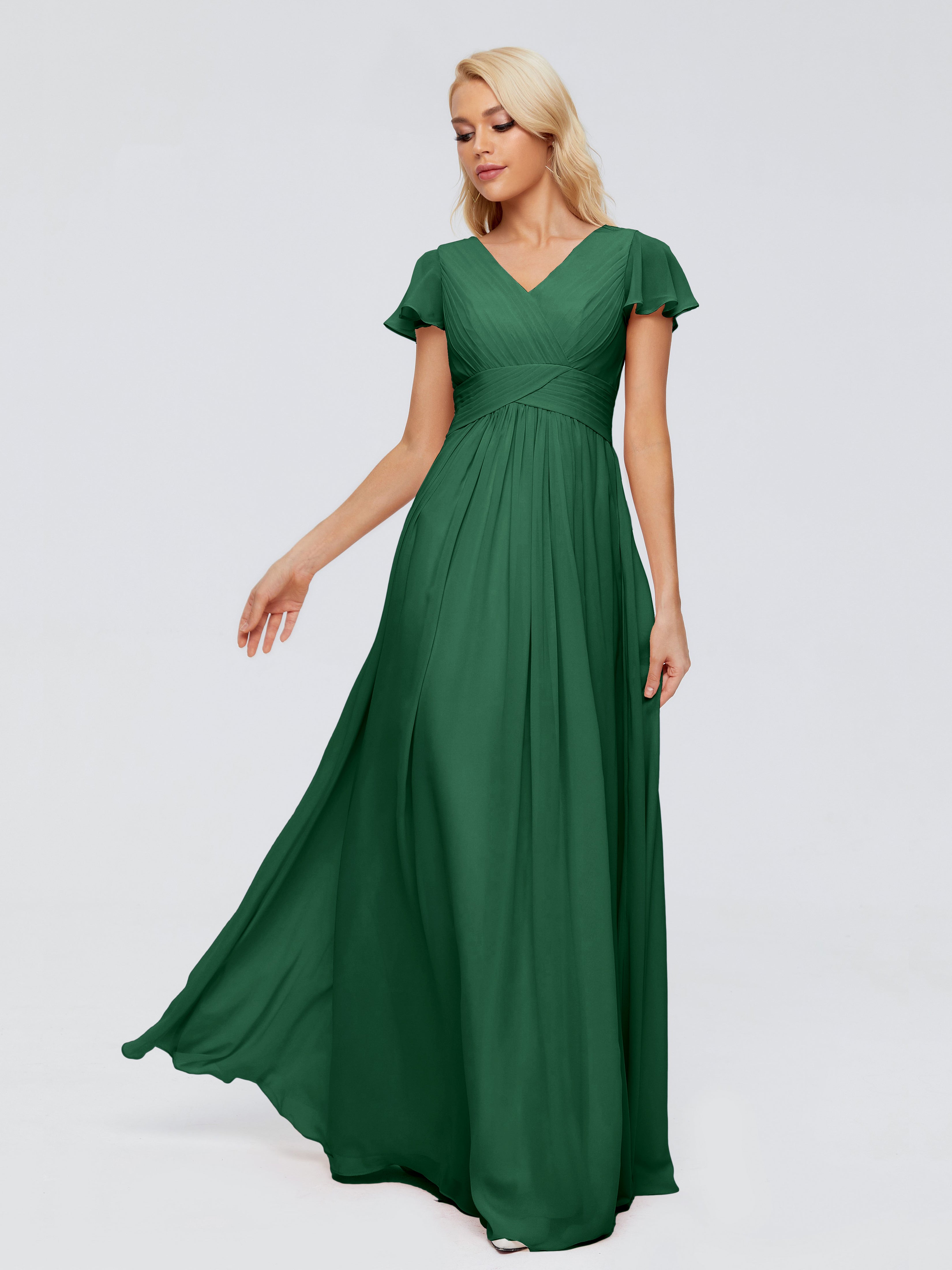 Robes De Demoiselle D'Honneur Vert Foncé Trapèze Col V Mousseline Robes Demoiselle D'Honneur