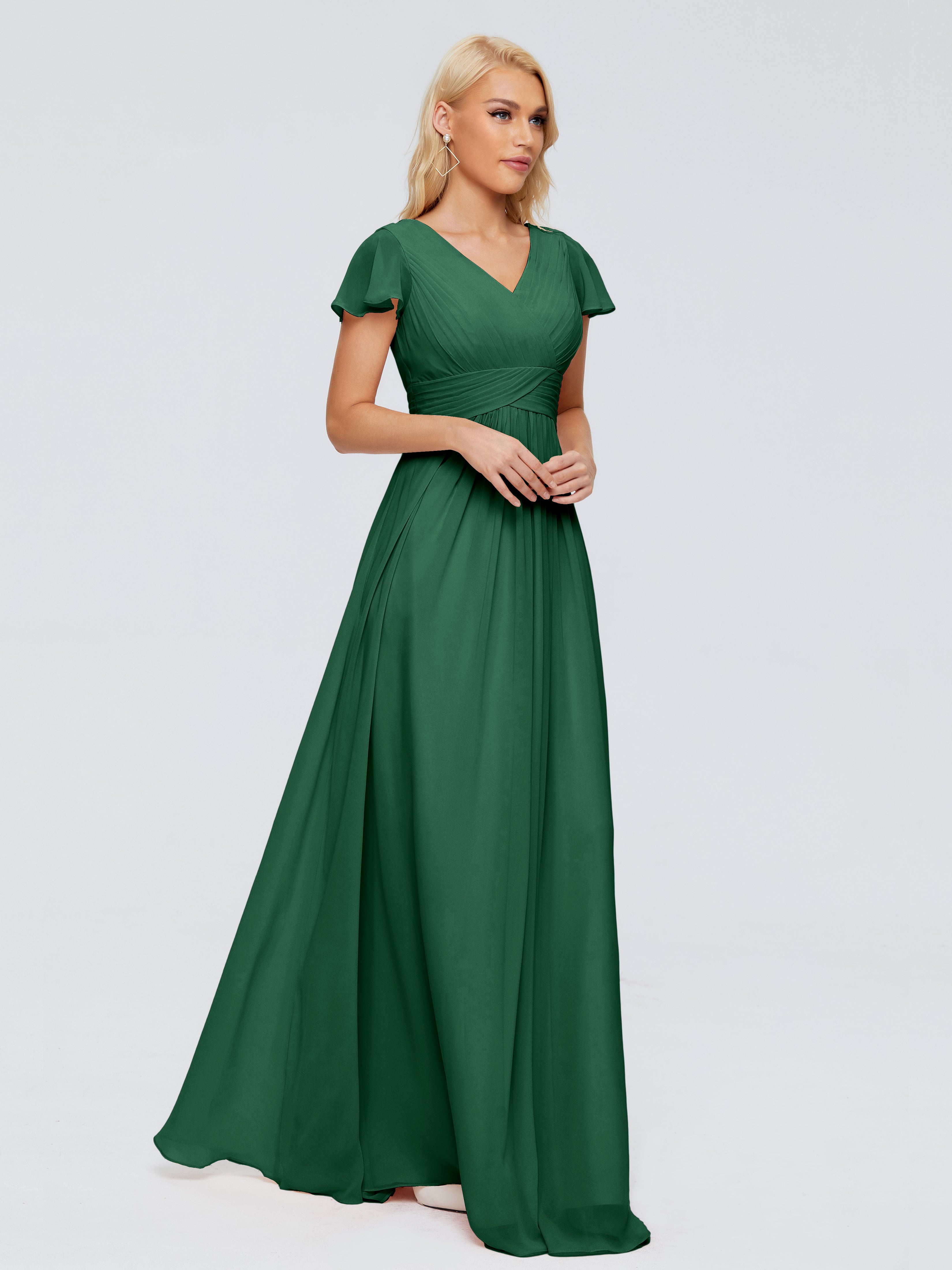 Robes De Demoiselle D'Honneur Vert Foncé Trapèze Col V Mousseline Robes Demoiselle D'Honneur