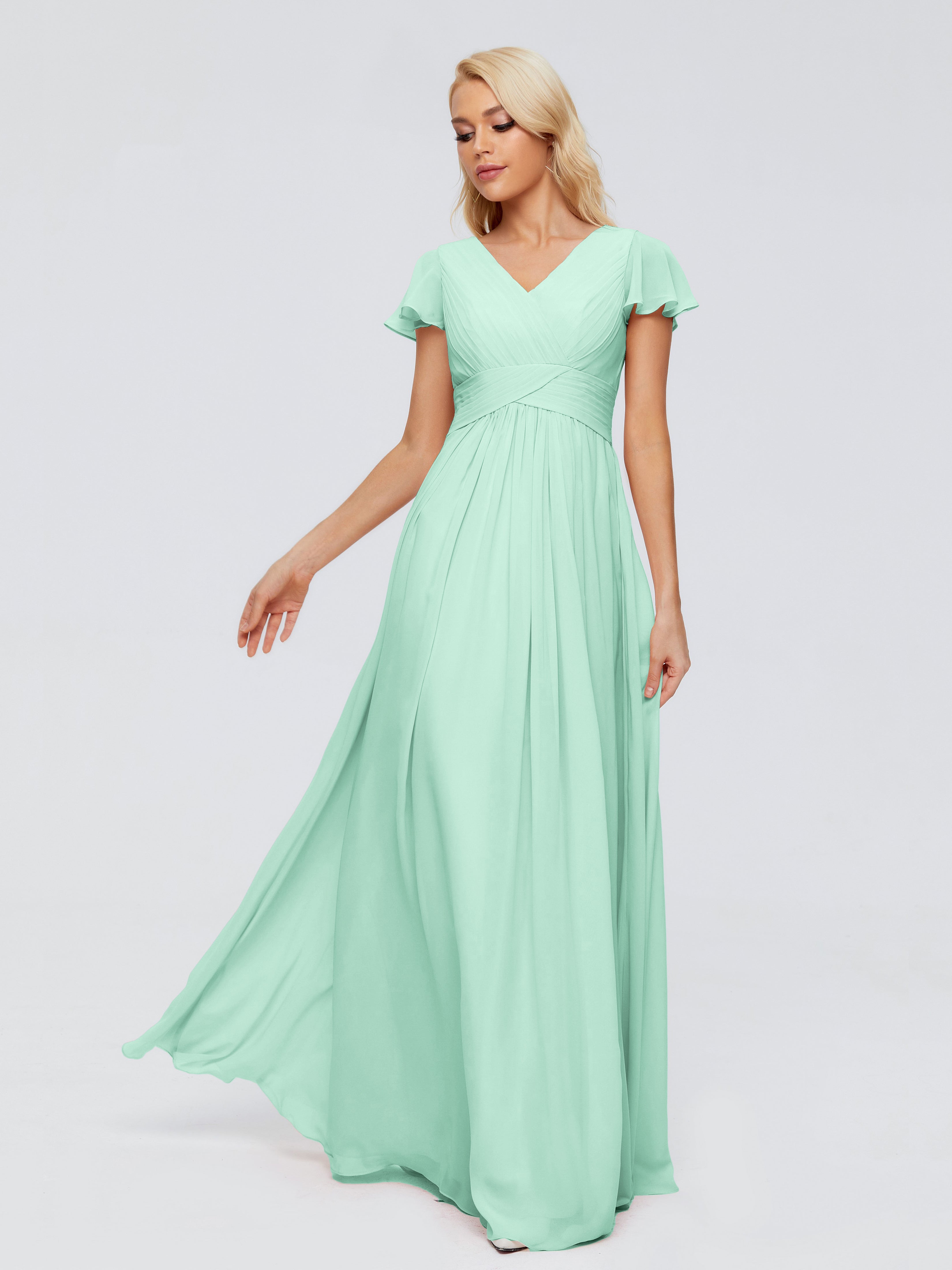 Robe Demoiselle D Honneur Menthe Trapèze Col V Mousseline Robes Demoiselle D'Honneur