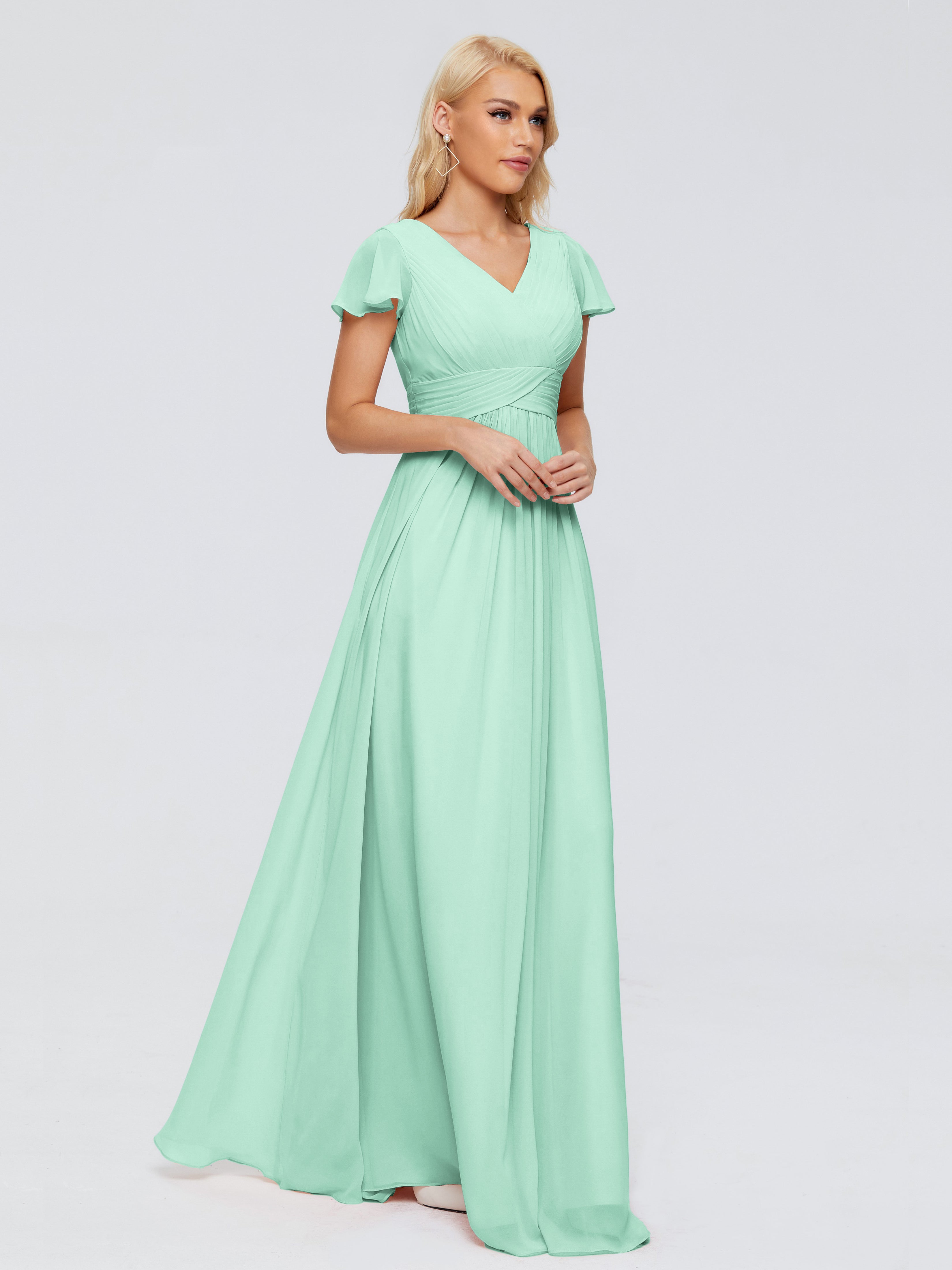 Robe Demoiselle D Honneur Menthe Trapèze Col V Mousseline Robes Demoiselle D'Honneur