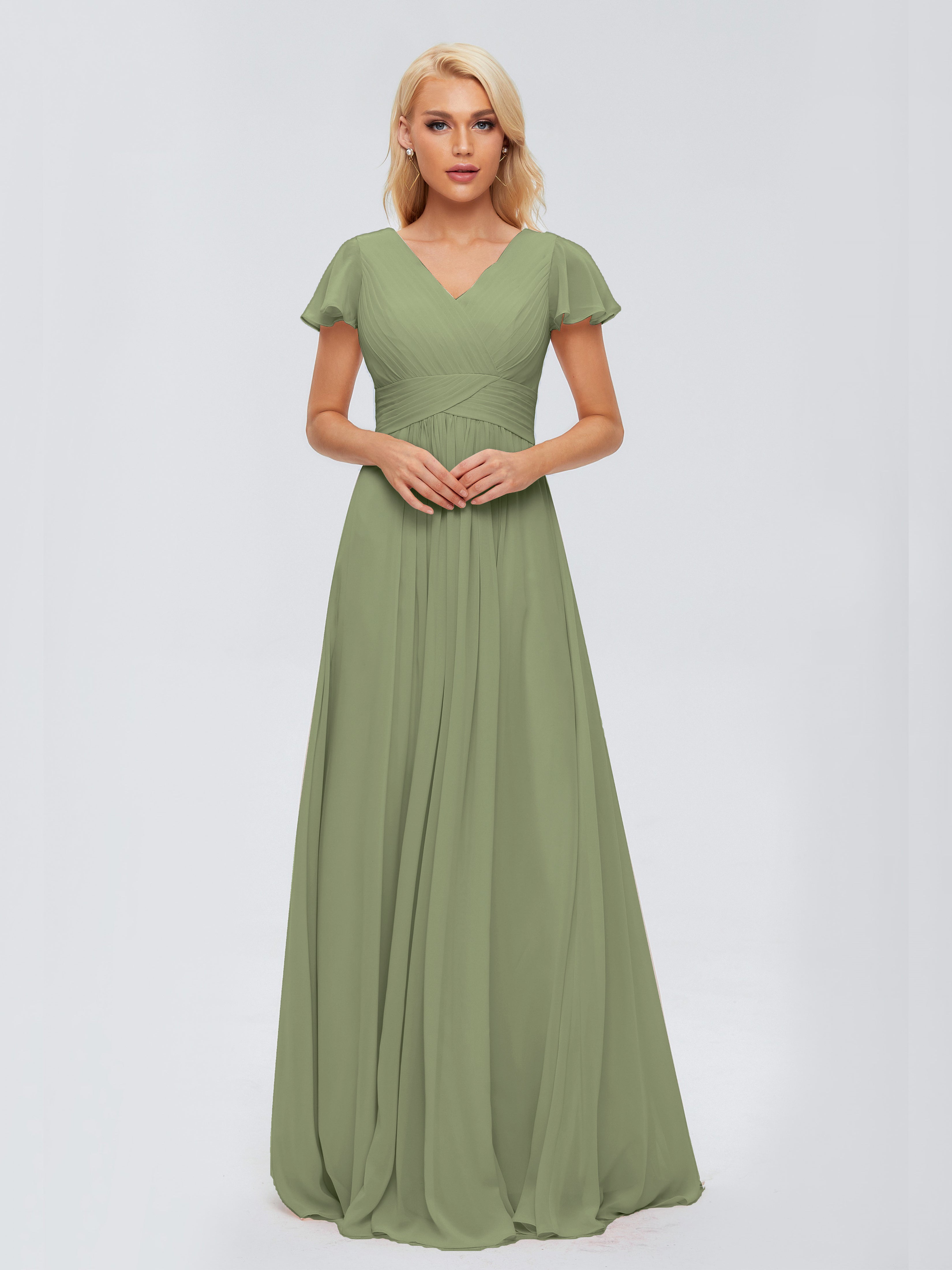 Robe Vert Olive Demoiselle D Honneur Trapèze Col V Mousseline Robes Demoiselle D'Honneur