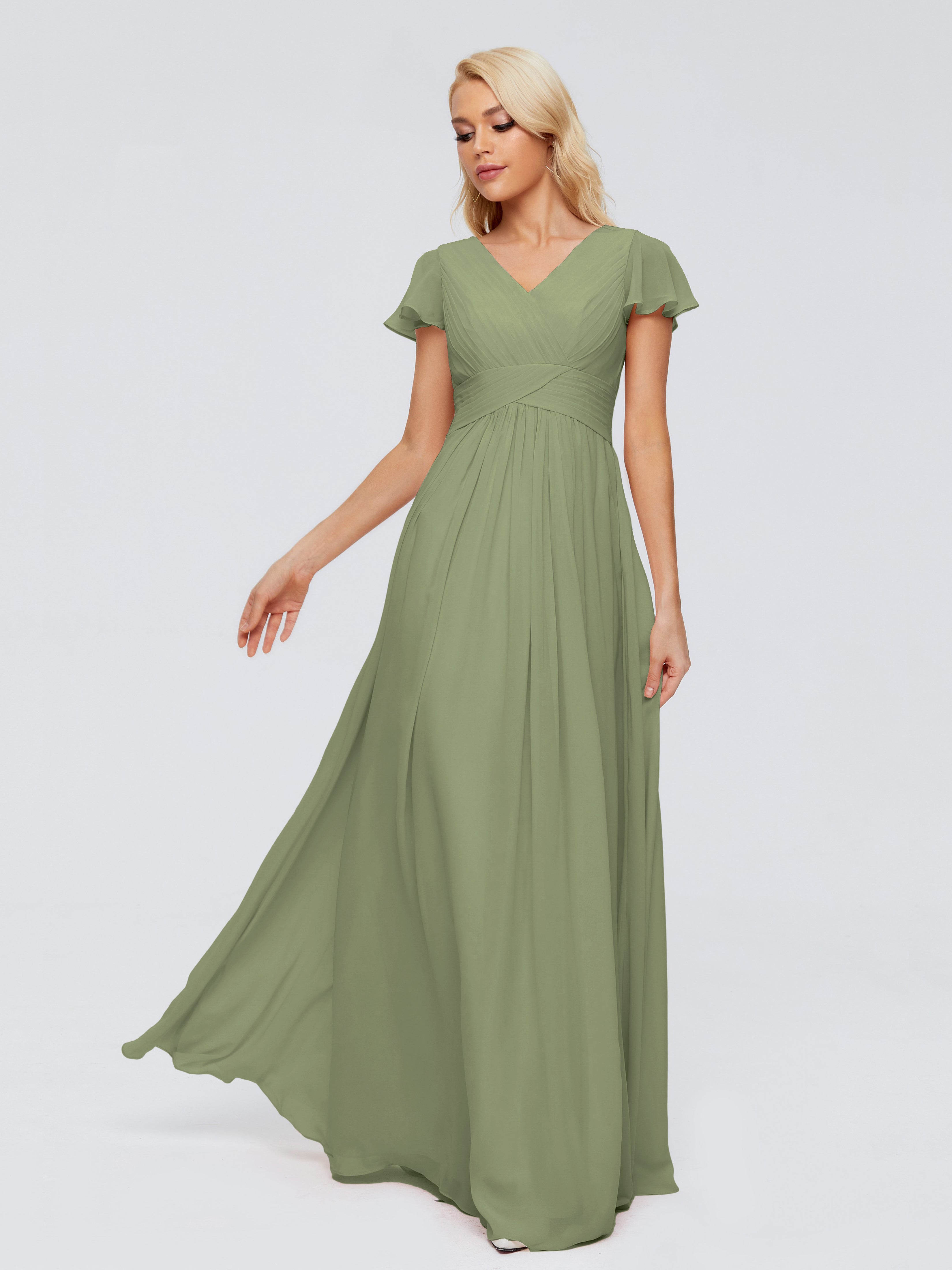 Robe Vert Olive Demoiselle D Honneur Trapèze Col V Mousseline Robes Demoiselle D'Honneur