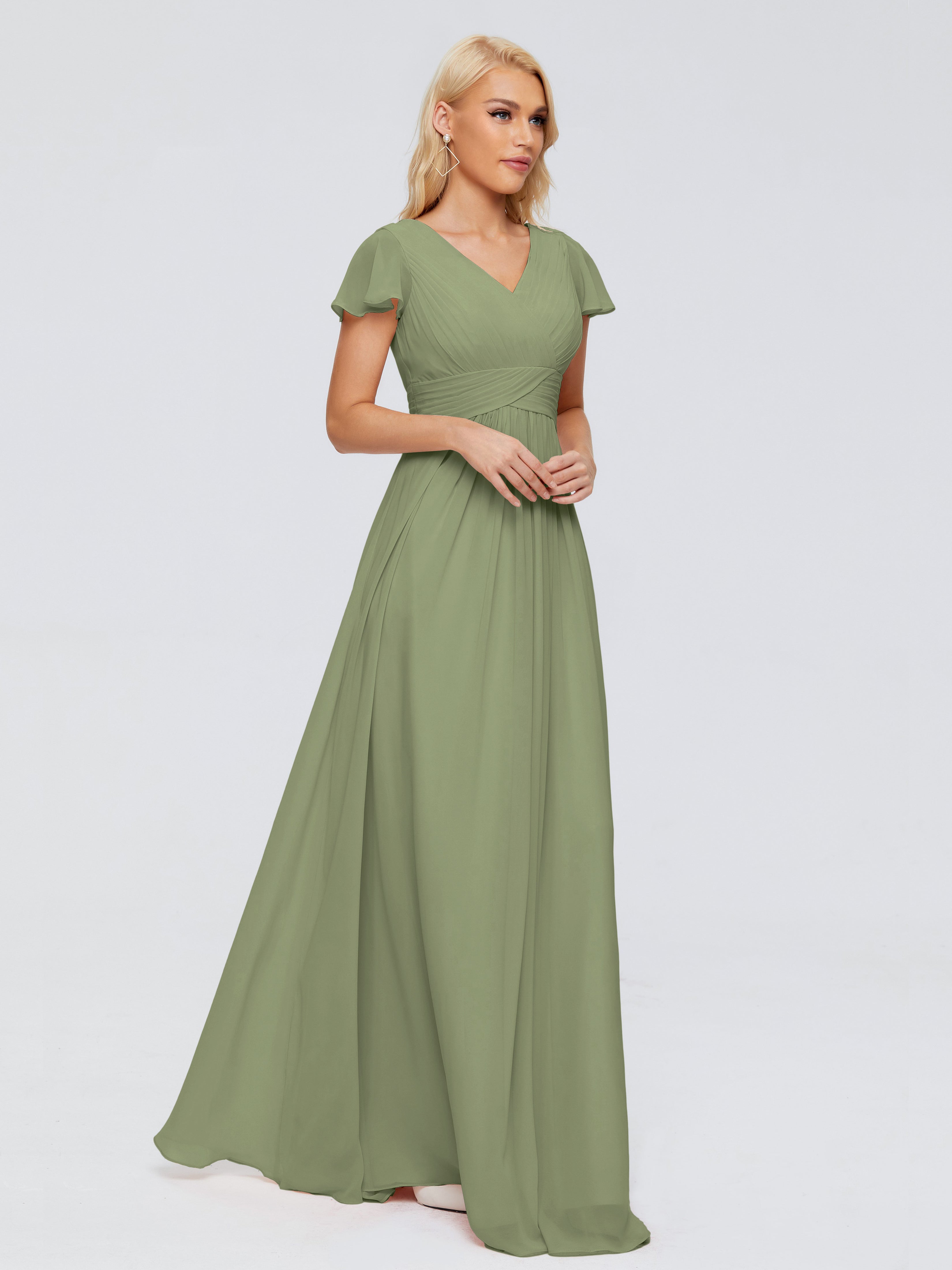 Robe Vert Olive Demoiselle D Honneur Trapèze Col V Mousseline Robes Demoiselle D'Honneur