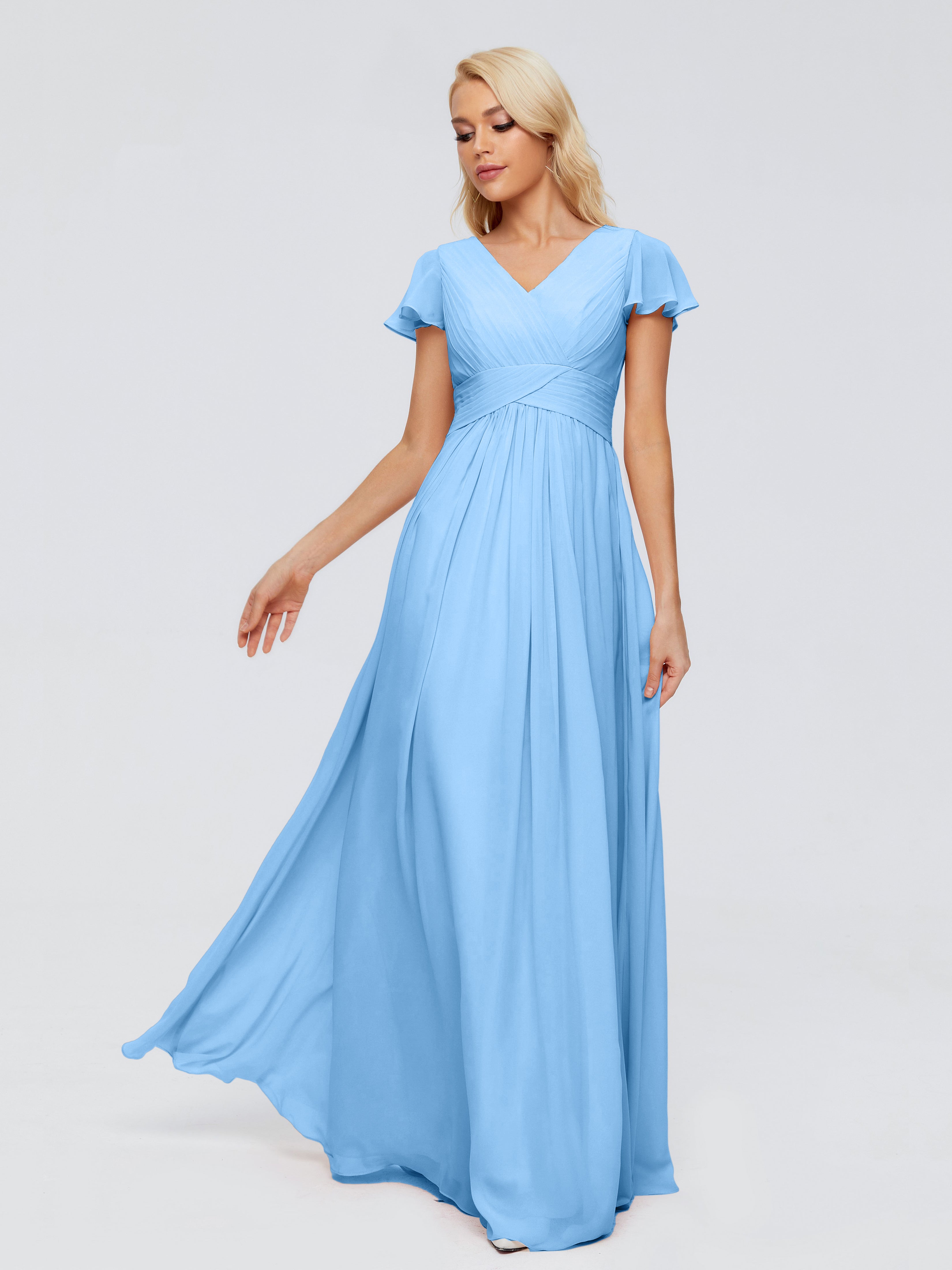 Robe Bleu Demoiselle D Honneur Trapèze Col V Mousseline Robes Demoiselle D'Honneur