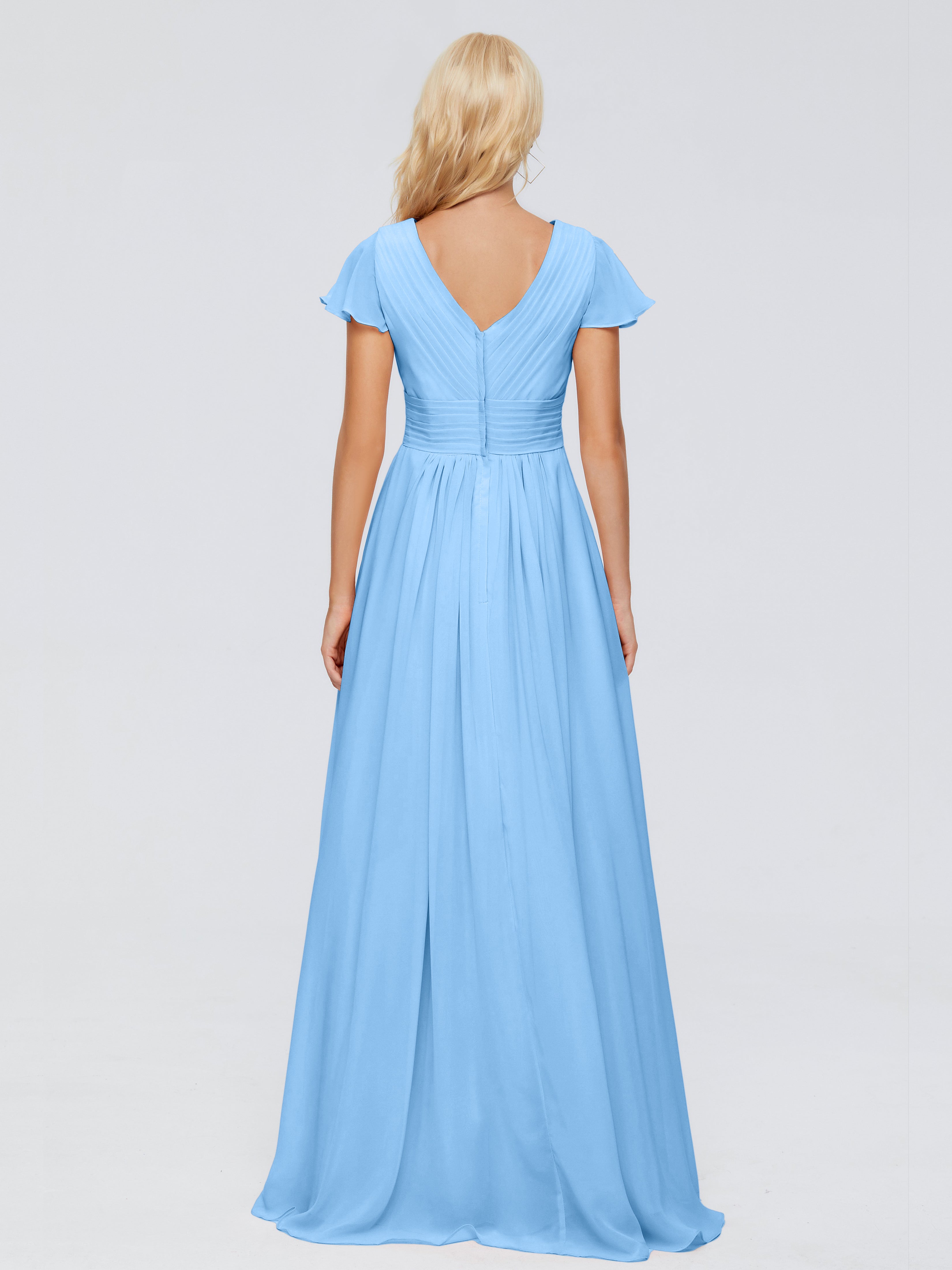 Robe Bleu Demoiselle D Honneur Trapèze Col V Mousseline Robes Demoiselle D'Honneur