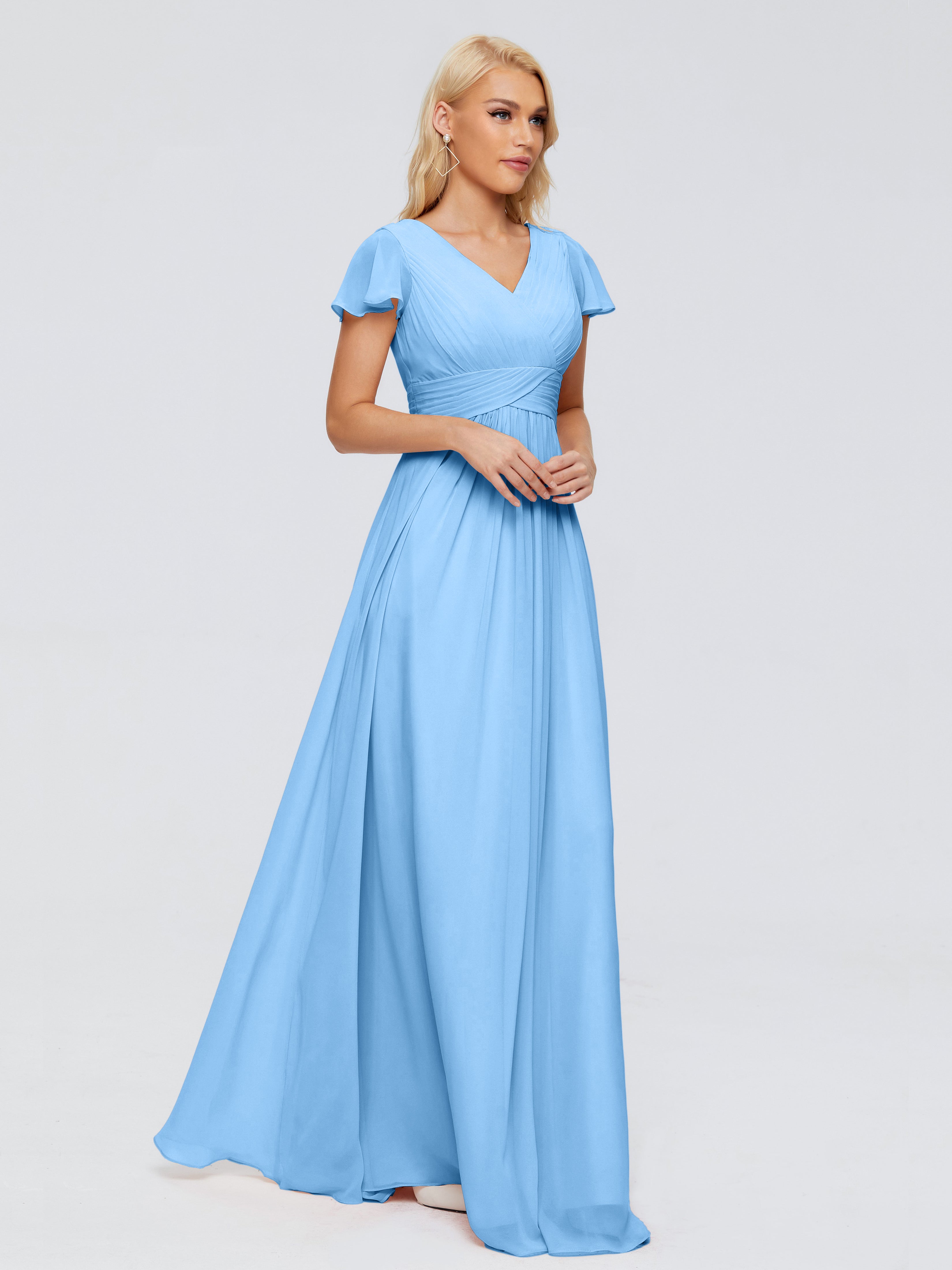 Robe Bleu Demoiselle D Honneur Trapèze Col V Mousseline Robes Demoiselle D'Honneur