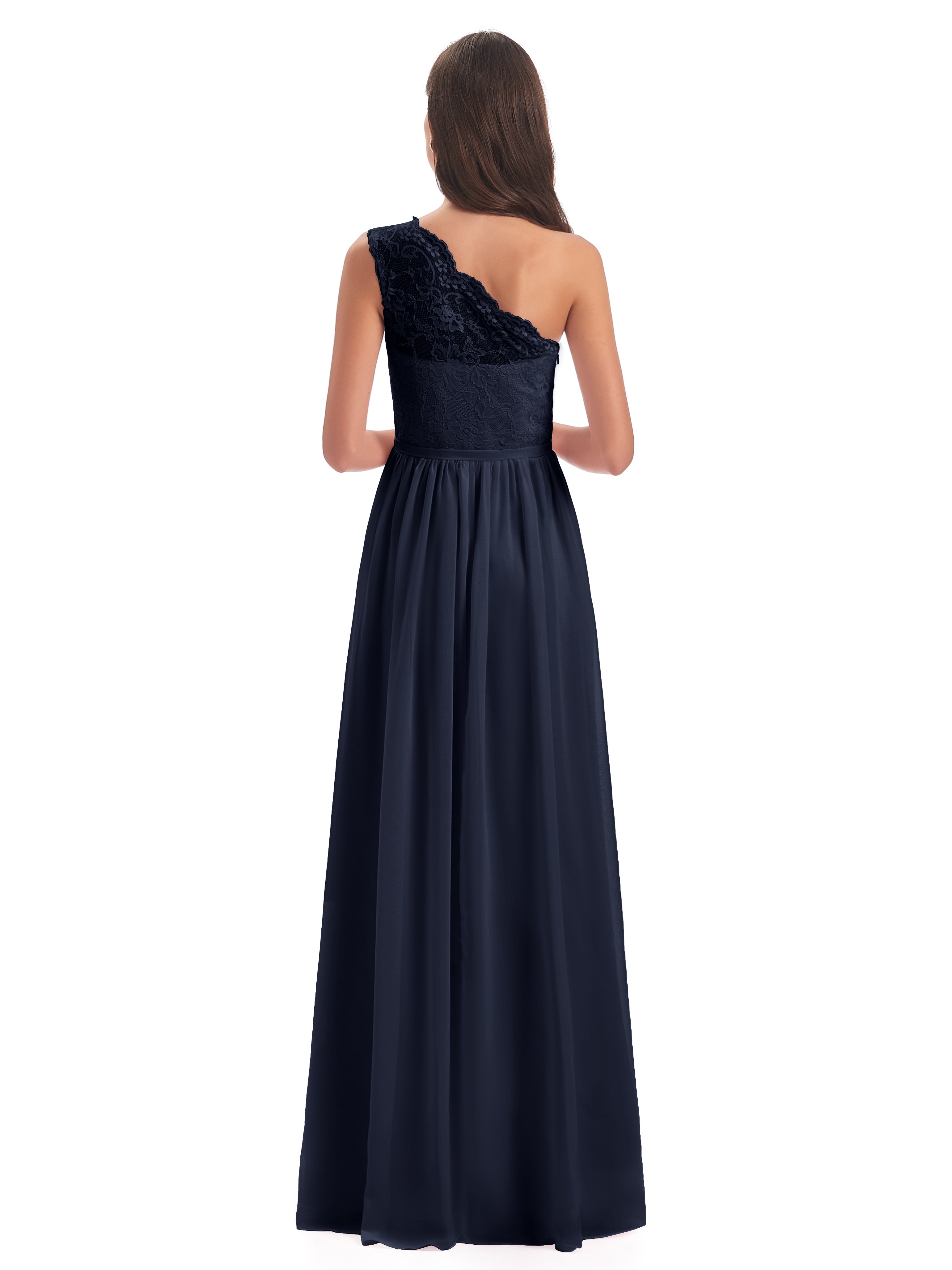 Robe Demoiselle Dhonneur Bleu Marine Seule-Épaule Dentelle/Mousseline Fendue Robes Demoiselle D'Honneur