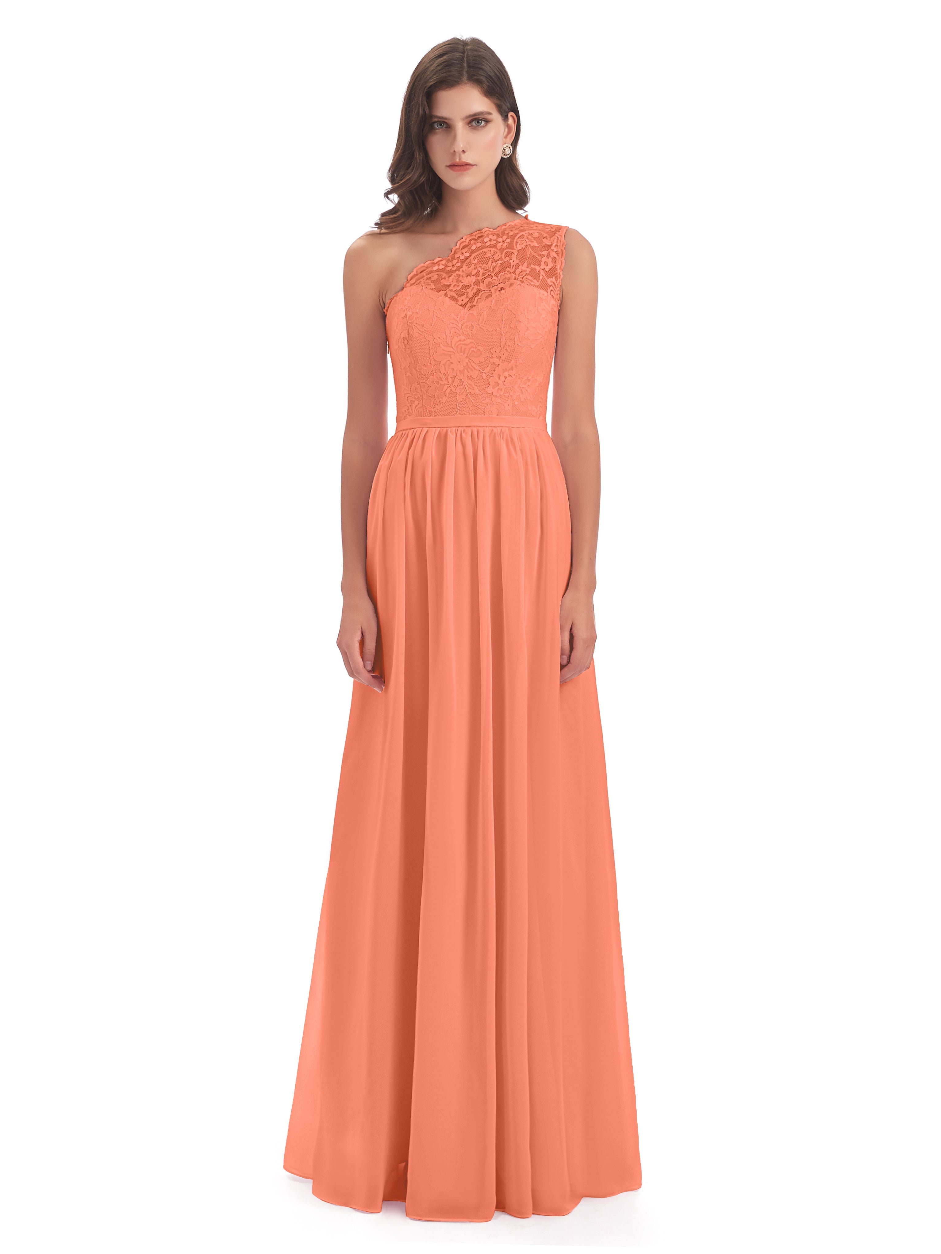 Robes De Demoiselle D'Honneur Coucher De Soleil Seule-Épaule Dentelle/Mousseline Fendue Robes Demoiselle D'Honneur