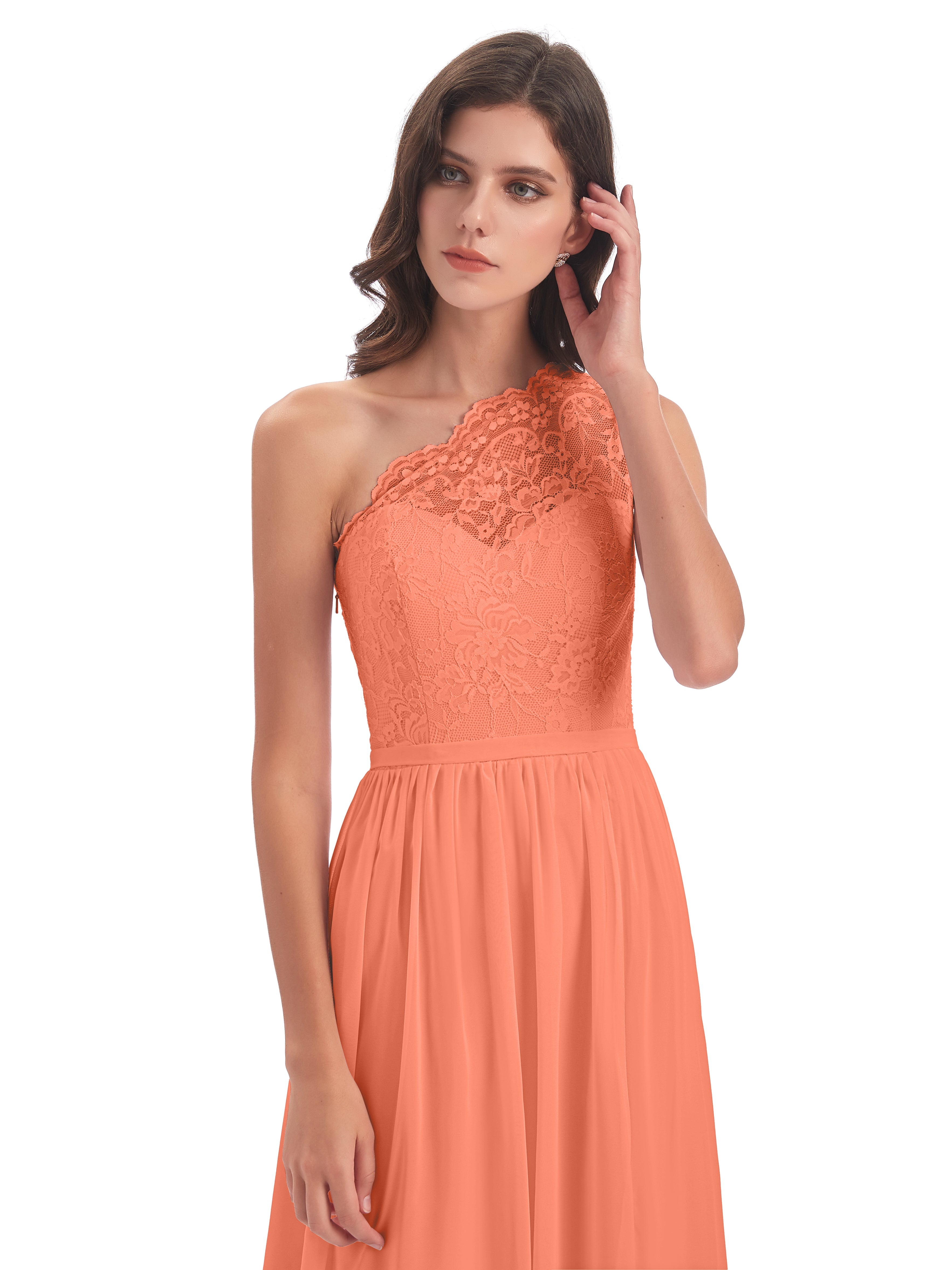 Robes De Demoiselle D'Honneur Coucher De Soleil Seule-Épaule Dentelle/Mousseline Fendue Robes Demoiselle D'Honneur